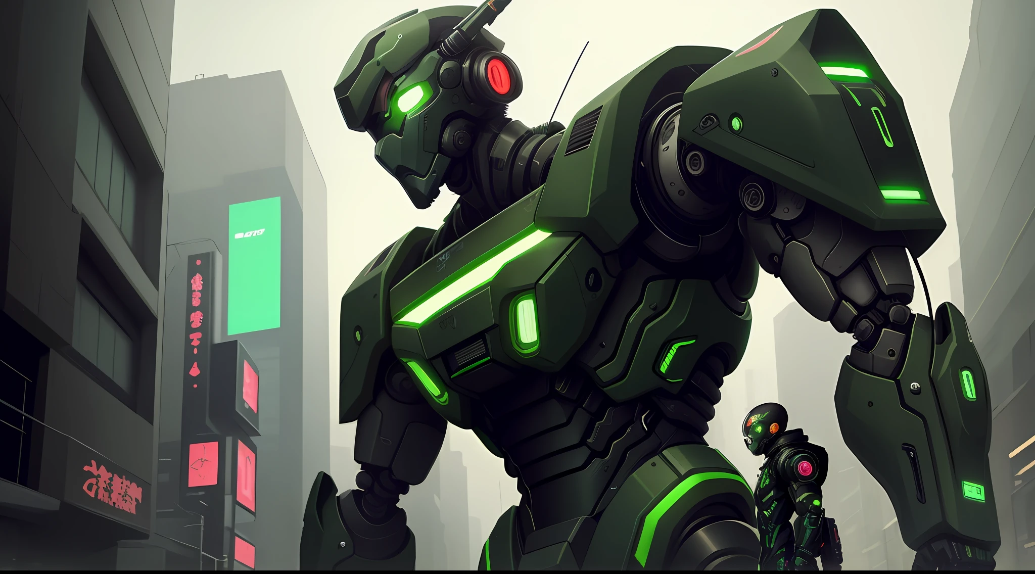 Green-black, Japanese streets, cyberpunk style, robot creatures, realism, high tech, extreme absurdity, 1boy, cinematic perspective, flat illustration