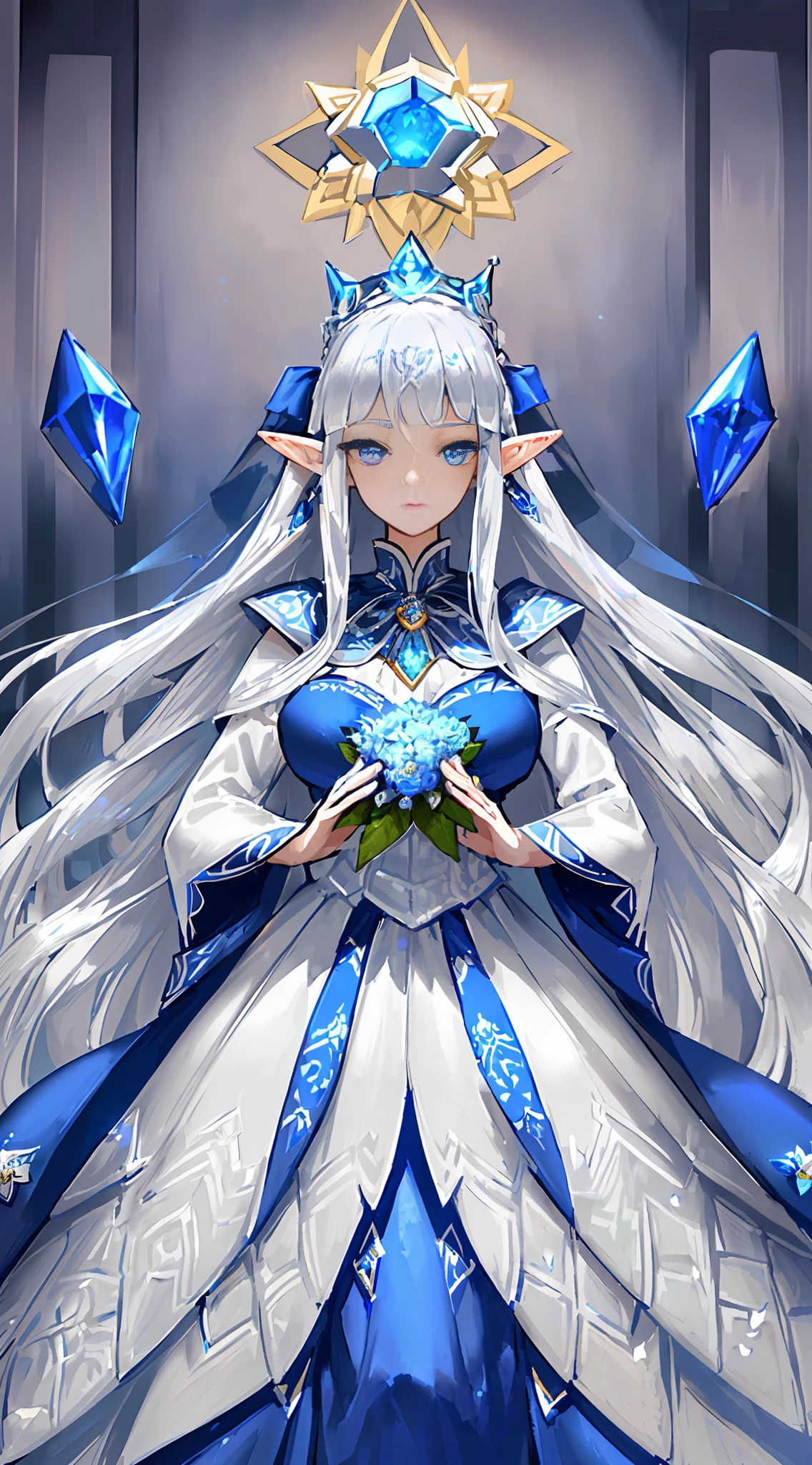 Masterpiece, best quality, high resolution, tall elf goddess, long silver hair, silky and shiny, bright and detailed blue eyes, huge breasts: 1.4, beautiful and detailed face, pointed elf ears, detailed flowers in hair, gorgeous and exquisite crown, gorgeous long skirt with exquisite intricate patterns, stockings with exquisite patterns,