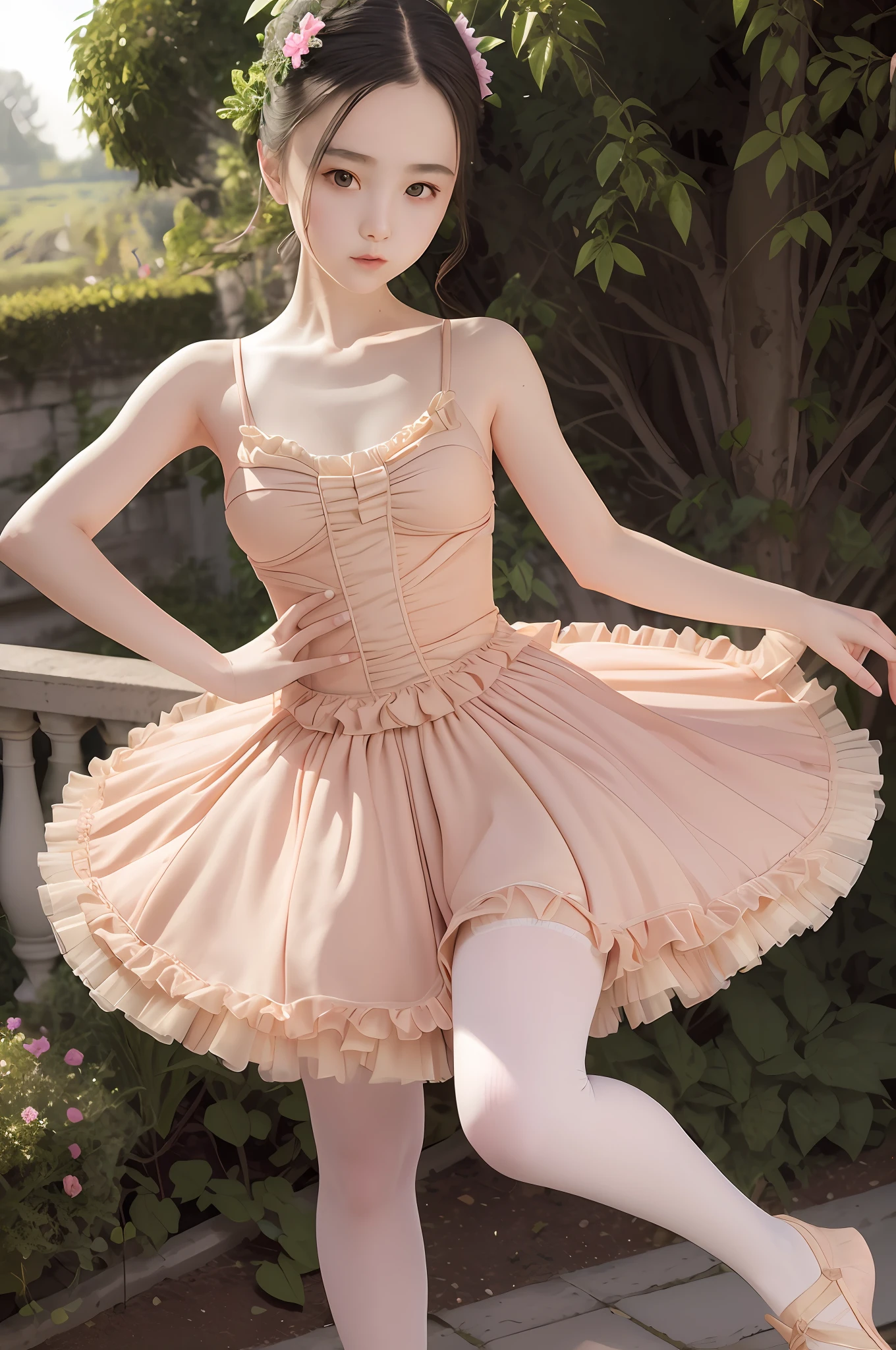 Absurd, high resolution, super detailed, (1 girl:1.3),
High fork swimsuit, ballet socks, tutu, standing, garden, slim, pretty dream girl