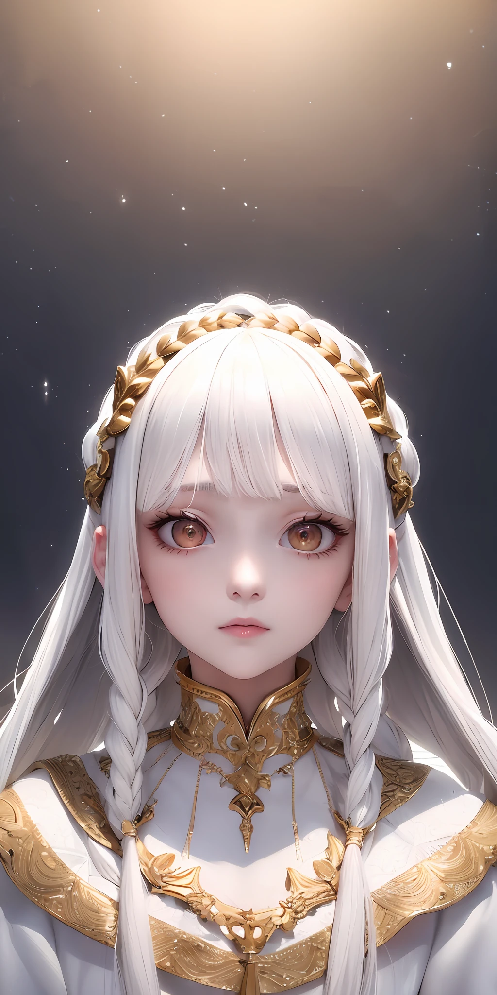 best quality, masterpiece,white hair, gold eyes,white clothes, looking up, upper body,hair strand,Fair skin,side braids