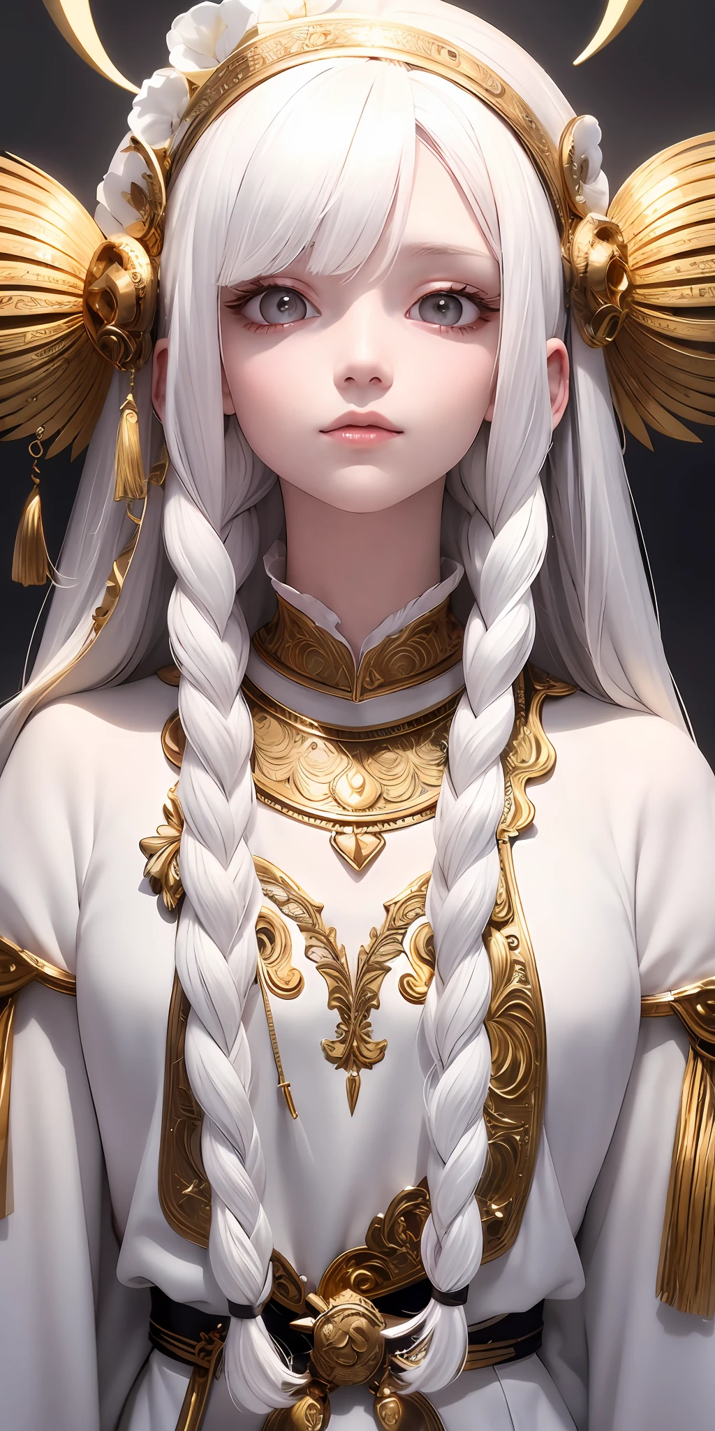 best quality, masterpiece,white hair, gold eyes,white clothes, looking up, upper body,hair strand,Fair skin,side braids