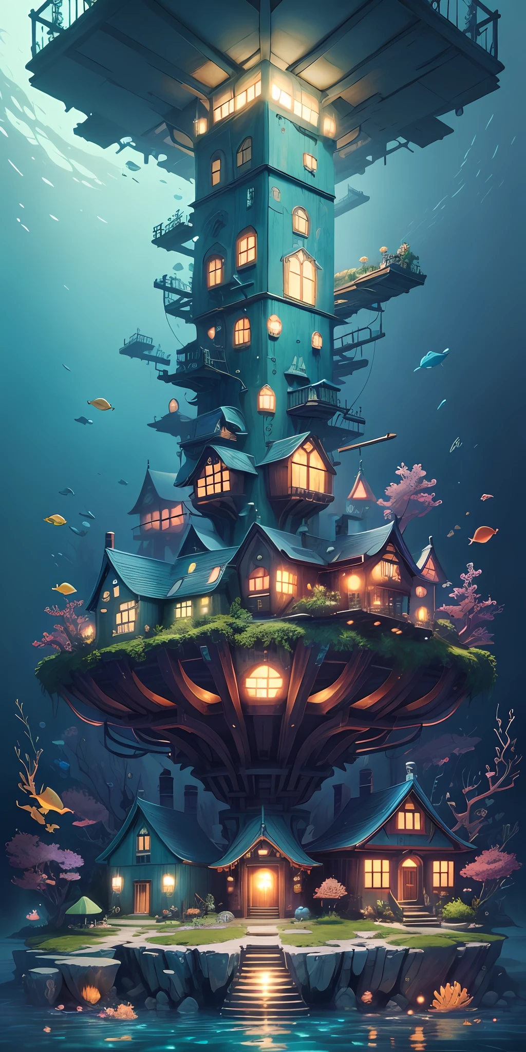 Color (Fantasy: 1.2), (Hayao Miyazaki style), (irregular building floating under the sea), patchwork cottages, Moss decorations, coral, lights, concept art inspired by Andreas Rocha, Artstation contest winner, Fantasy art, (underwater city), ross tran, light shafts, realistic lighting, masterpiece, high quality, beautiful graphics, high detail, masterpiece, high quality, beautiful graphics, high detail, --v6