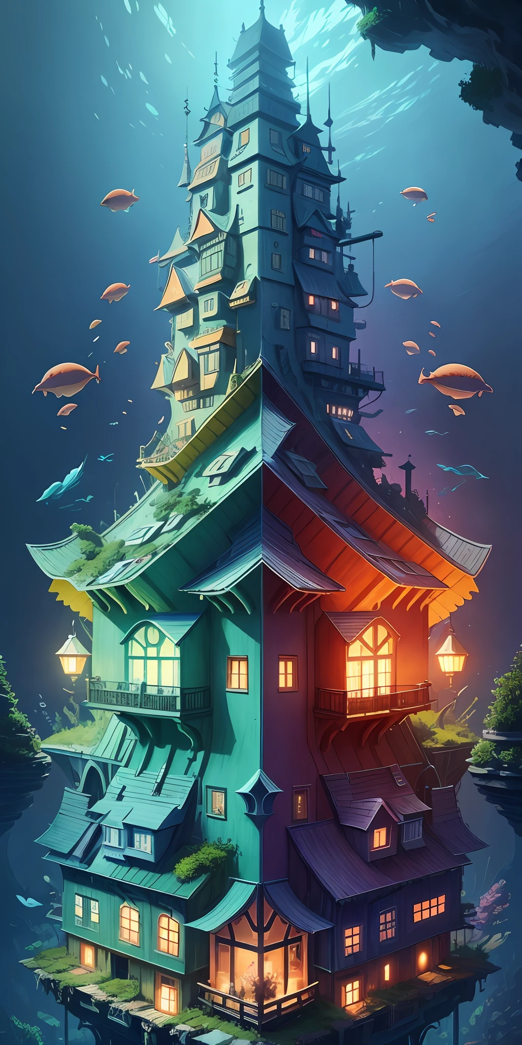 Color (Fantasy: 1.2), (Hayao Miyazaki style), (irregular building floating under the sea), patchwork cottages, Moss decorations, coral, lights, concept art inspired by Andreas Rocha, Artstation contest winner, Fantasy art, (underwater city), ross tran, light shafts, realistic lighting, masterpiece, high quality, beautiful graphics, high detail, masterpiece, high quality, beautiful graphics, high detail, --v6