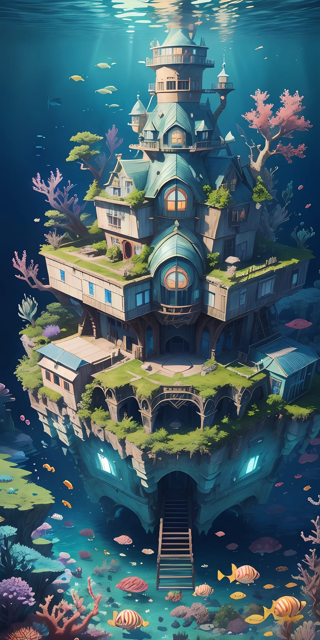 Color (Fantasy: 1.2), (Hayao Miyazaki style), (irregular building floating under the sea), patchwork cottages, Moss decorations, coral, lights, concept art inspired by Andreas Rocha, Artstation contest winner, Fantasy art, (underwater city), ross tran, light shafts, realistic lighting, masterpiece, high quality, beautiful graphics, high detail, masterpiece, high quality, beautiful graphics, high detail, --v6