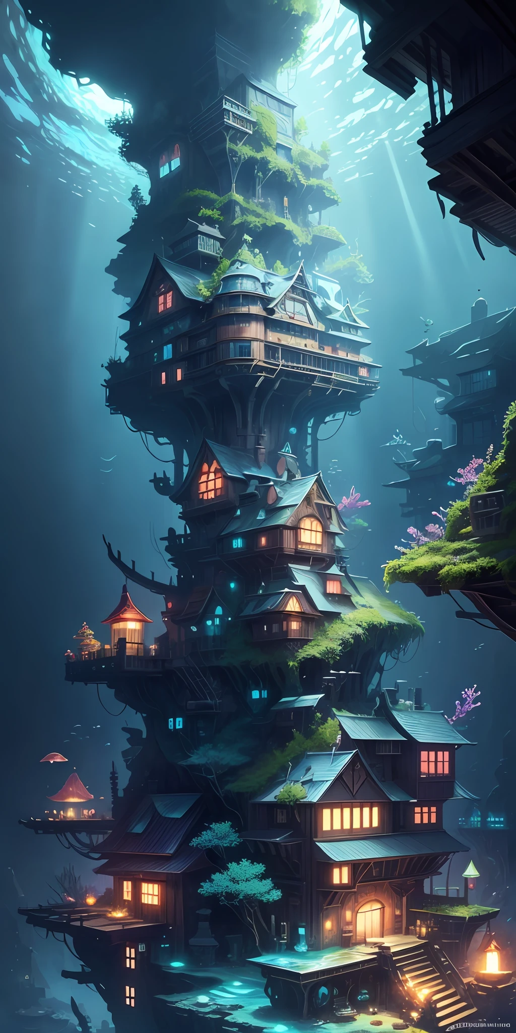 Color (Fantasy: 1.2), (Hayao Miyazaki style), (irregular building floating under the sea), patchwork cottages, Moss decorations, coral, lights, concept art inspired by Andreas Rocha, Artstation contest winner, Fantasy art, (underwater city), ross tran, light shafts, realistic lighting, masterpiece, high quality, beautiful graphics, high detail, masterpiece, high quality, beautiful graphics, high detail, --v6