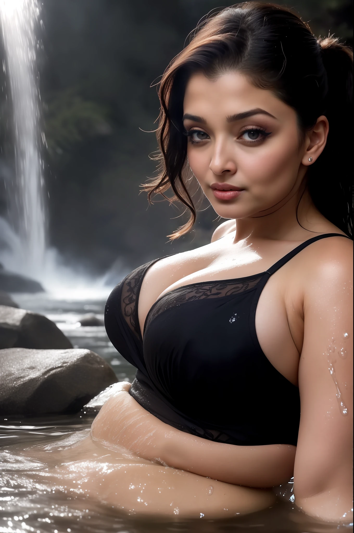 night scene, close up photo of aishwarya rai, large breasts, taking bath near waterfall, body soaked in the water, chubby cheeks, wet hair, chin up, seductive face, wearing bra, rocks, pure water, cleavage show, water on the body, realistic pores on the body, look at sky and smile, black ponytail hair, (blue eyes:0.8), cute adult face, 40 yo, soft volumetric lights, (backlit:1.3), (cinematic:1.3), intricate details, (ArtStation:1.2)