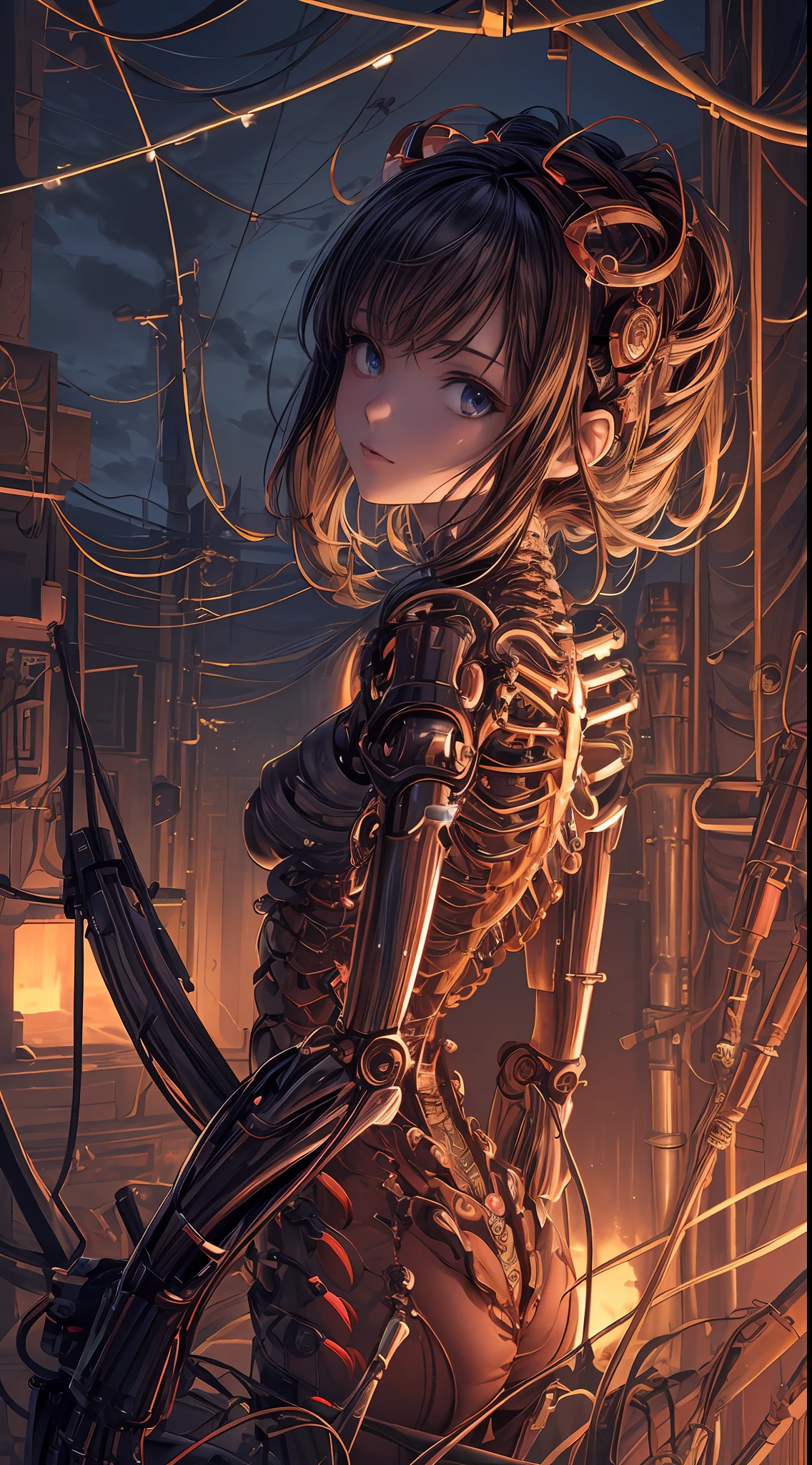 (((masterpiece))), ((best quality)), (ultra-detailed), (CG illustration), (an extremely devious and beautiful)), cinematic light, ((1 mechanical girl)), single, (machine-made joints: 1.4), ((mechanical limbs)), ( blood vessels attached to the tube), ((mechanical spine attached to the back)), ((mechanical cervical vertebrae attached to the neck), ((back to the viewer)), expressionless, (wires and cables attached to the head and body: 1.5), science fiction, apocalypse, ruins