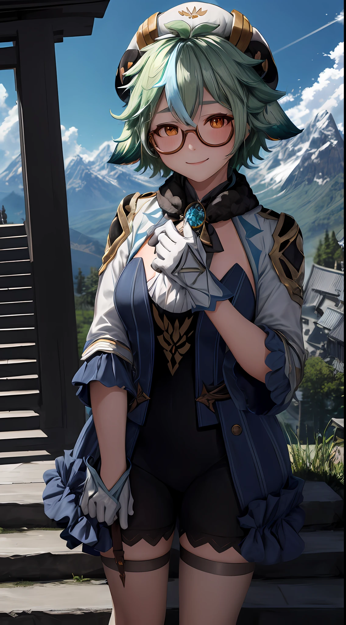 sucrosedef, upper body, smile, blush, outdoors, day, simple background, blue sky, short hair, sky, temple, looking at viewer, stairs, mountain, moody lighting,