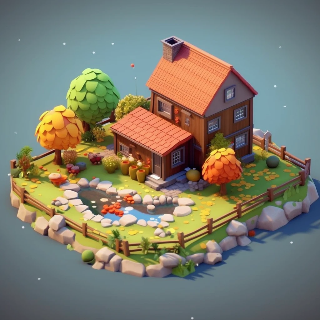 Cartoon style, polygon, game architecture design, fantasy, farm yard, stone, brick, grass, river, flower, vegetable, wheat, tree, animal, casual game style, creative, best details, cartoon style, 3d, blender, masterpiece, best quality, cartoon rendering, 8K