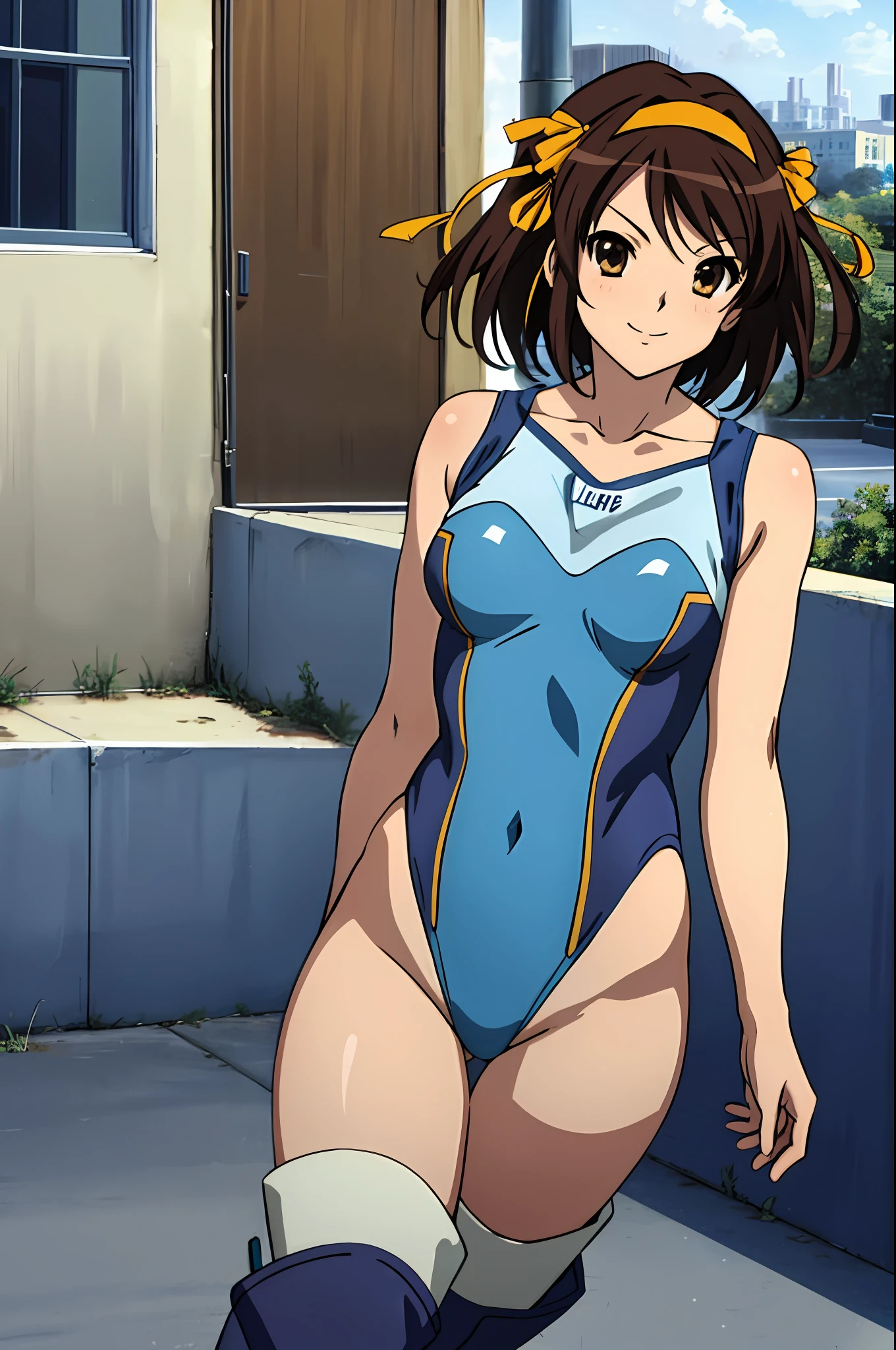 masterpiece, best quality, highres, 1girl, solo, superhero, leotard, blue and white leotard, bare legs, brown hair, short hair, brown eyes, hairband, medium hair, ribbon, boots, matching boots, blue boots, medium breasts, cowboy shot, standing, smile, city backdrop, haruhi suzumiya, kyoani haruhi style, sleeveless, blue sparkles,