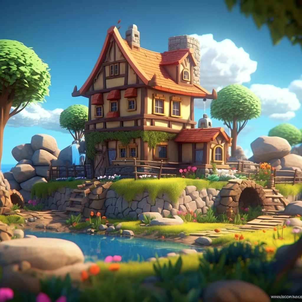 Cartoon style, polygon, game architecture design, fantasy, farm yard, stone, brick, grass, river, flower, vegetable, wheat, tree, animal, casual game style, creative, super details, 3d, blender, masterpiece, best quality, cartoon rendering, 8K