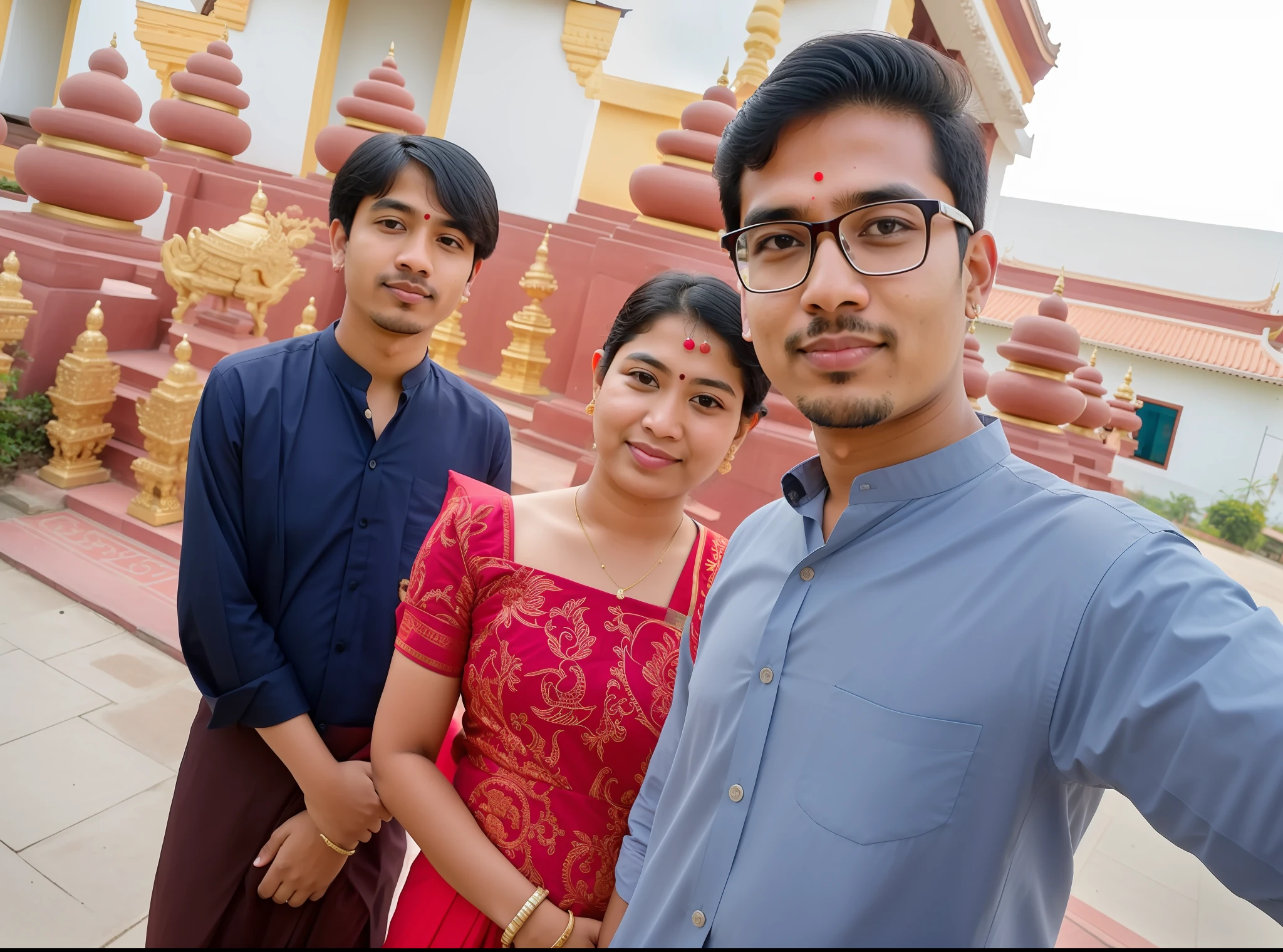 there are three people standing together taking a selfie, in front of a temple, in front of the temple, photo taken in 2 0 2 0, in a temple, a picture, nivanh chanthara, husband wife and son, in style of thawan duchanee, photo taken with canon 5d, picture, happy family, old picture