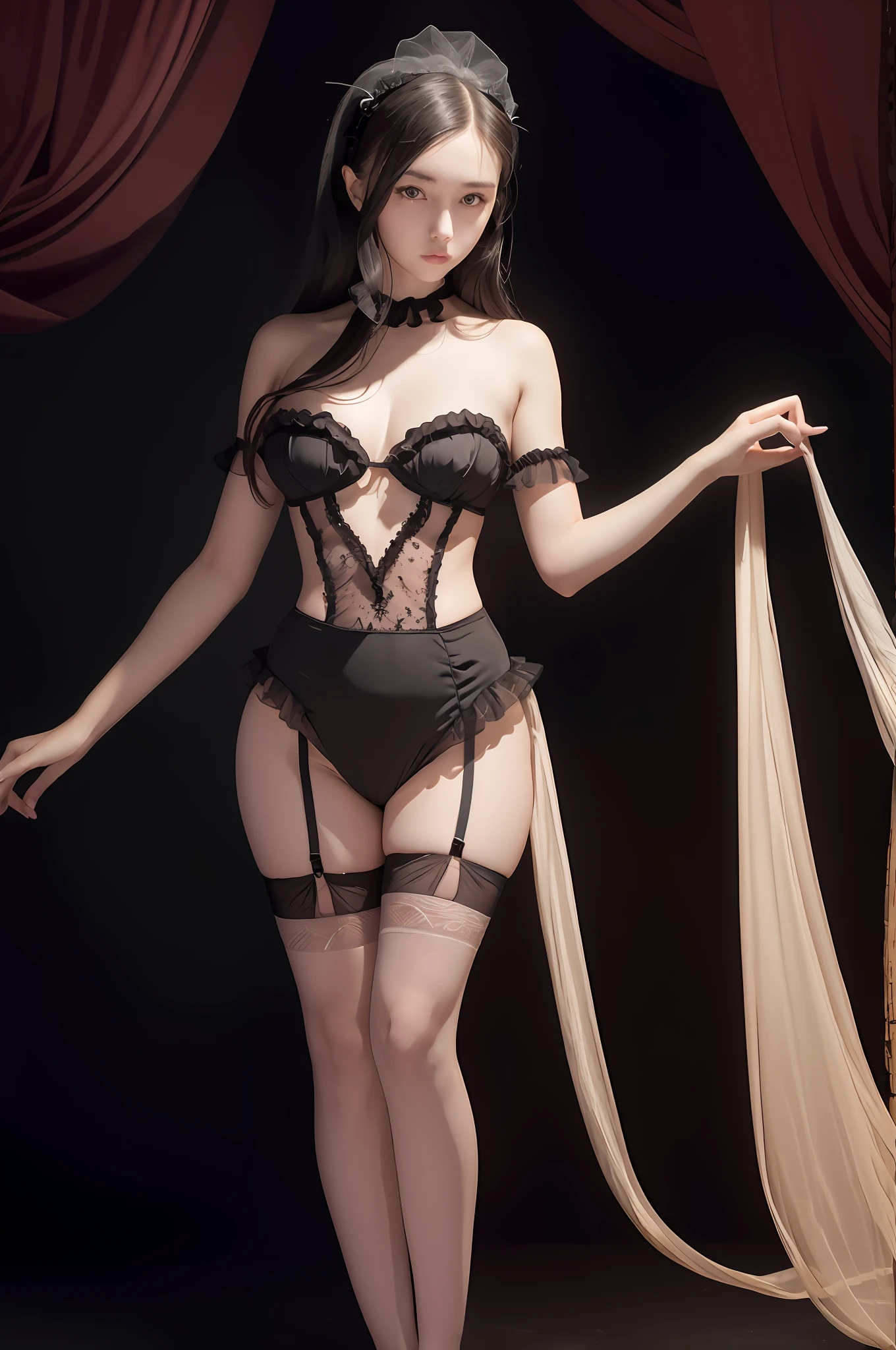 Absurd, high resolution, super detailed, (1 girl:1.3),
High fork swimsuit, tutu, standing, dark room, slim, pretty dream girl, black thigh socks, silky texture, lace stocking edge