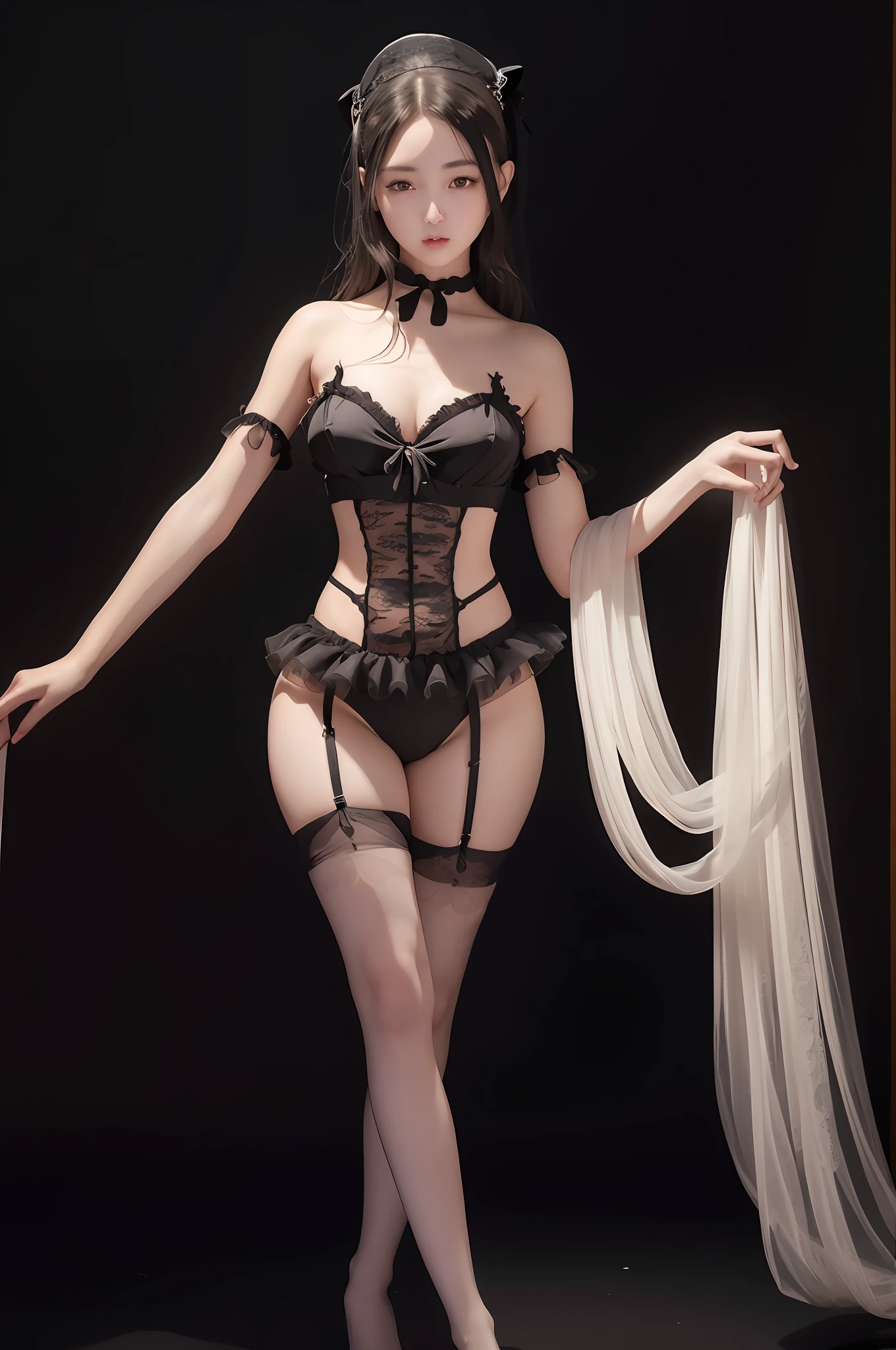 Absurd, high resolution, super detailed, (1 girl:1.3),
High fork swimsuit, tutu, standing, dark room, slim, pretty dream girl, black thigh socks, silky texture, lace stocking edge