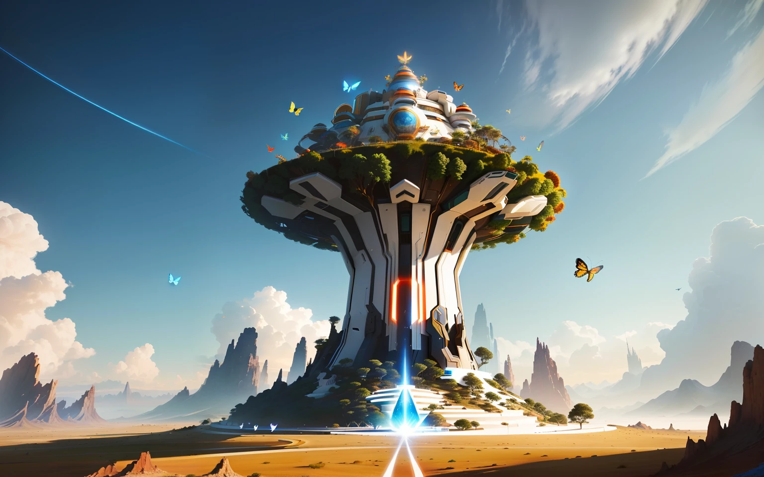 a futuristic three stars and a sun style ant hill with three shiny colors white, blue and red,at its height there is a large eagle perched, around there are beautiful plants and butterflies, with some visual effects,fantasy, ambiance hd, HDR, 4k upscale, v--4.