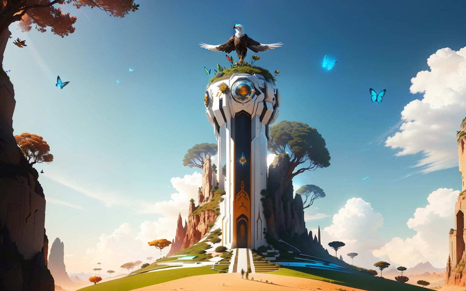 a futuristic three stars and a sun style ant hill with three shiny colors white, blue and red,at its height there is a large eagle perched, around there are beautiful plants and butterflies, with some visual effects,fantasy, ambiance hd, HDR, 4k upscale, v--4.