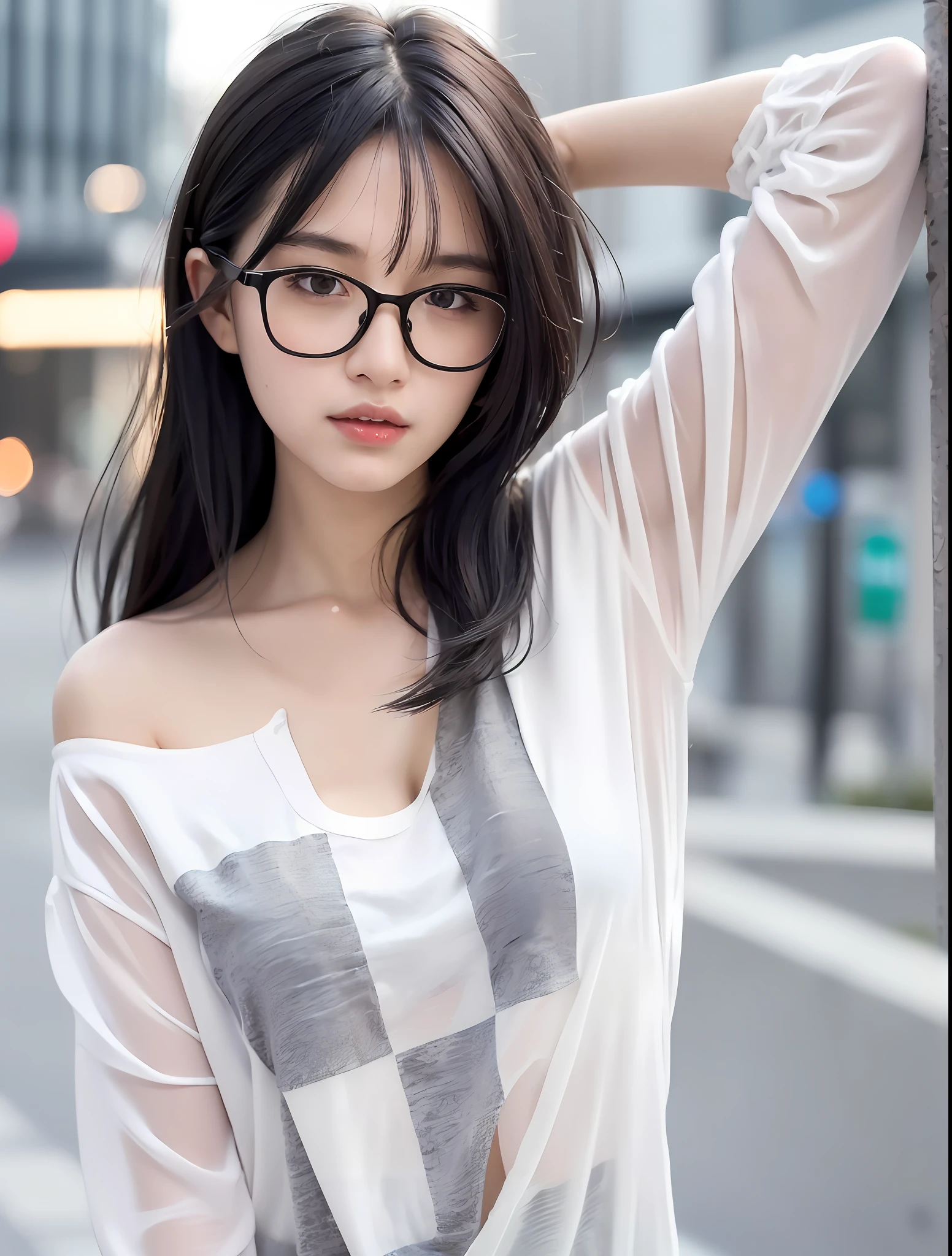Random posture, mix4,(8k, RAW photo, best quality, masterpiece:1.2), (realistic, photo-realistic:1.37),1girl with glasses,cute,cityscape, night, rain, wet, professional lighting, photon mapping, radiosity, physically-based rendering,, gradient black colour hair,, White hair, short curly hair, handsome, girl, white ball suit, top quality picture, high resolution, 1080p, (clear face), (detailed facial description), (detailed hand description), (masterpiece), (exquisite CG), extreme light and shadow, messy hair, master's work, rich details, (fine facial features), (highest quality picture), (masterpiece), (detailed eyes),Look ahead with your eyes,Fine collarbone