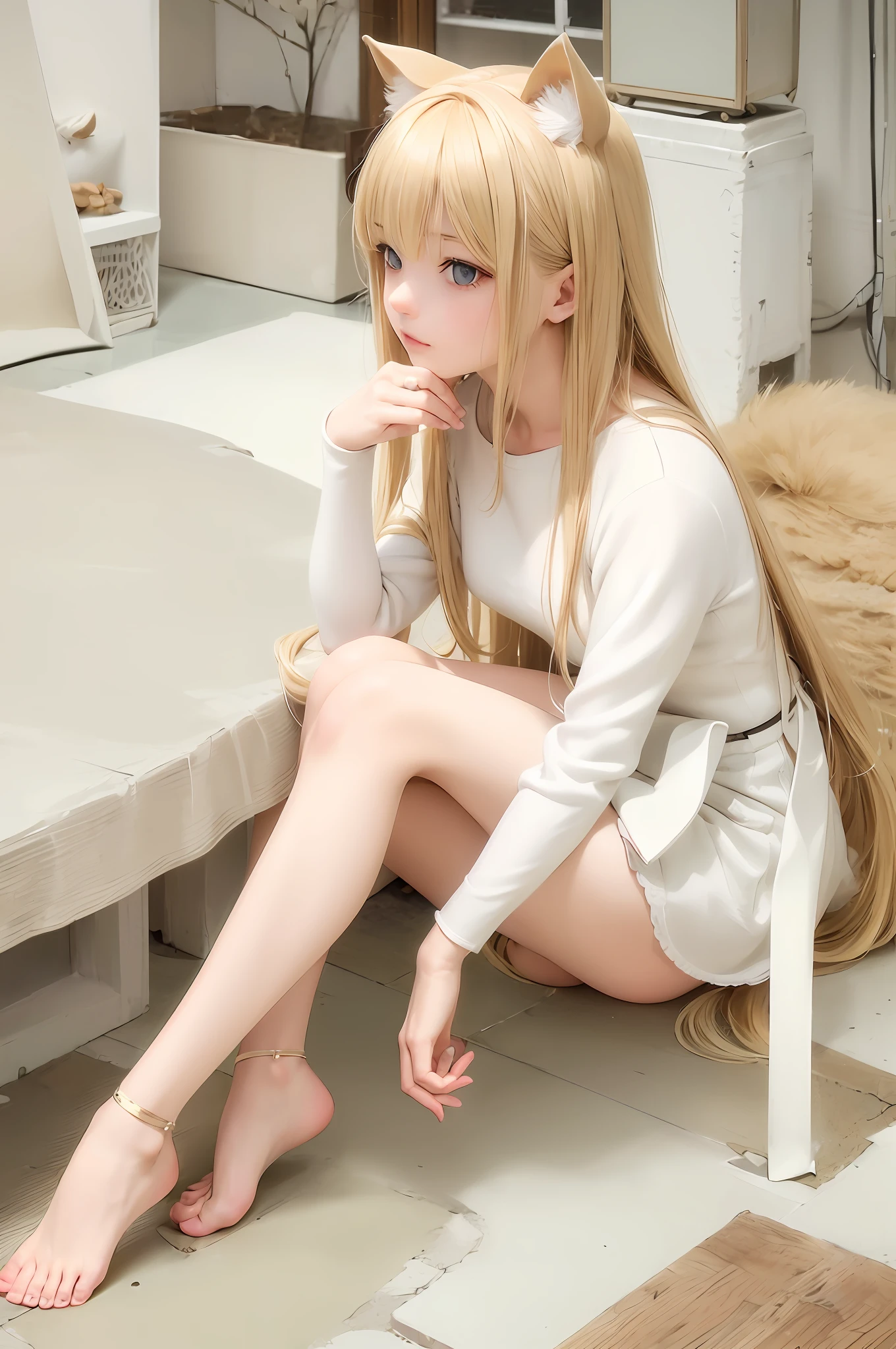 blond haired girl sitting on the floor with her legs crossed, nekomimi, white cat girl, attractive cat girl, anime girl cosplay, anime catgirl, beautiful young catgirl, very beautiful cute catgirl, anime cosplay, very beautiful anime cat girl, female furry mini cute style, white ( cat ) girl, cute anime catgirl, cat ears and tail