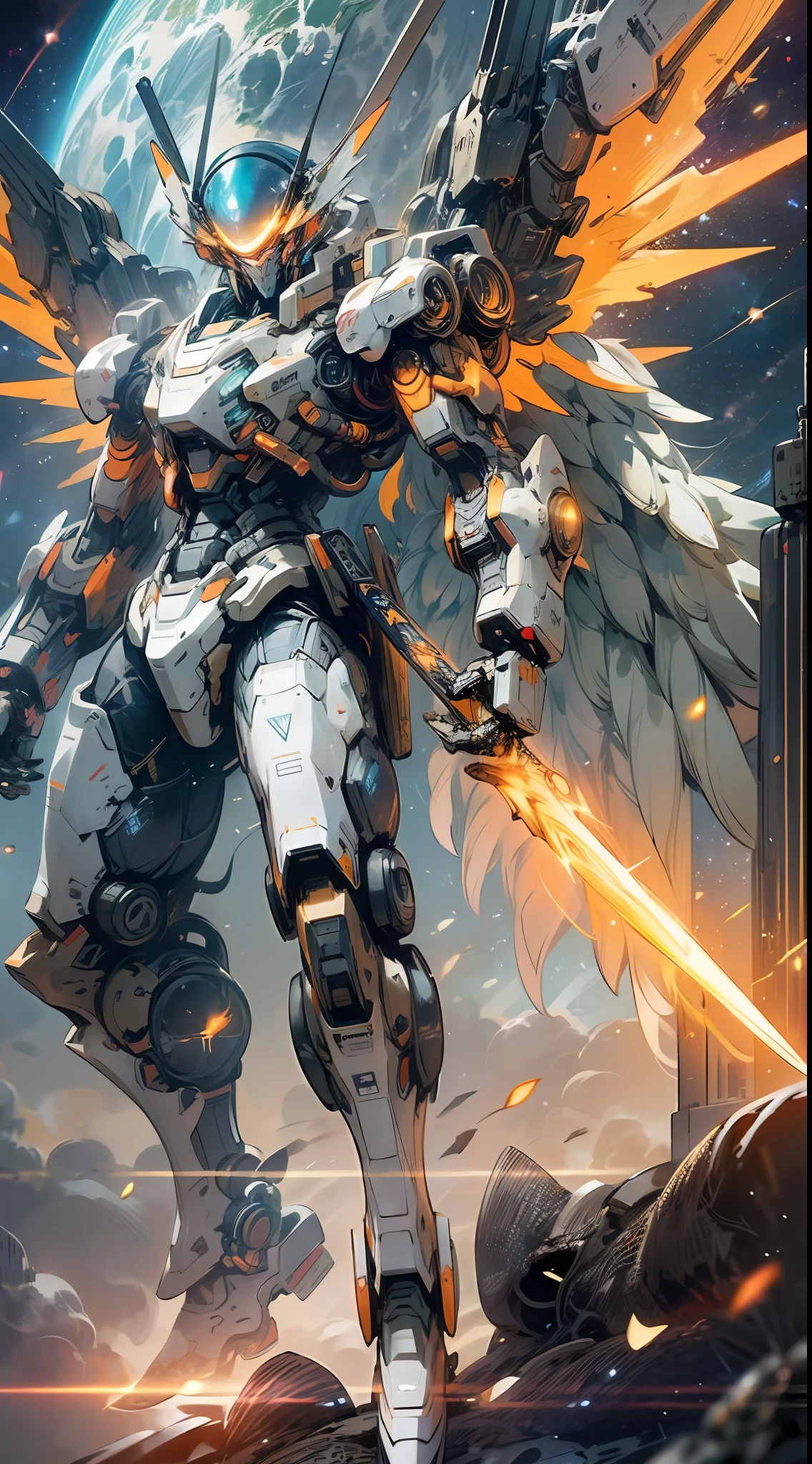 In space, huge planet, nebula, holding weapons, no humans, glowing, robot, huge mechanical wings, mech wings, in flight, comet debris, glowing eyes, orange mecha, science fiction, space, reality, mecha, galaxy background, neon, cyberpunk,