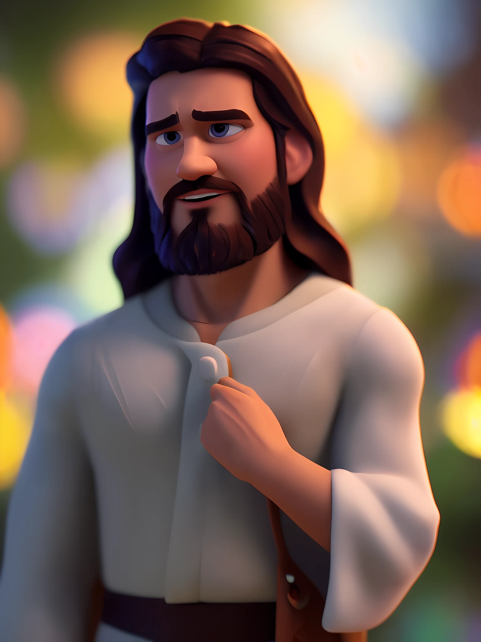 Jesus Christ, (pixar style) (masterpiece:1.2) (bokeh) (best quality) (detailed skin) (detailed texture) (8k) (claymation) (cinematic lighting) (sharp focus