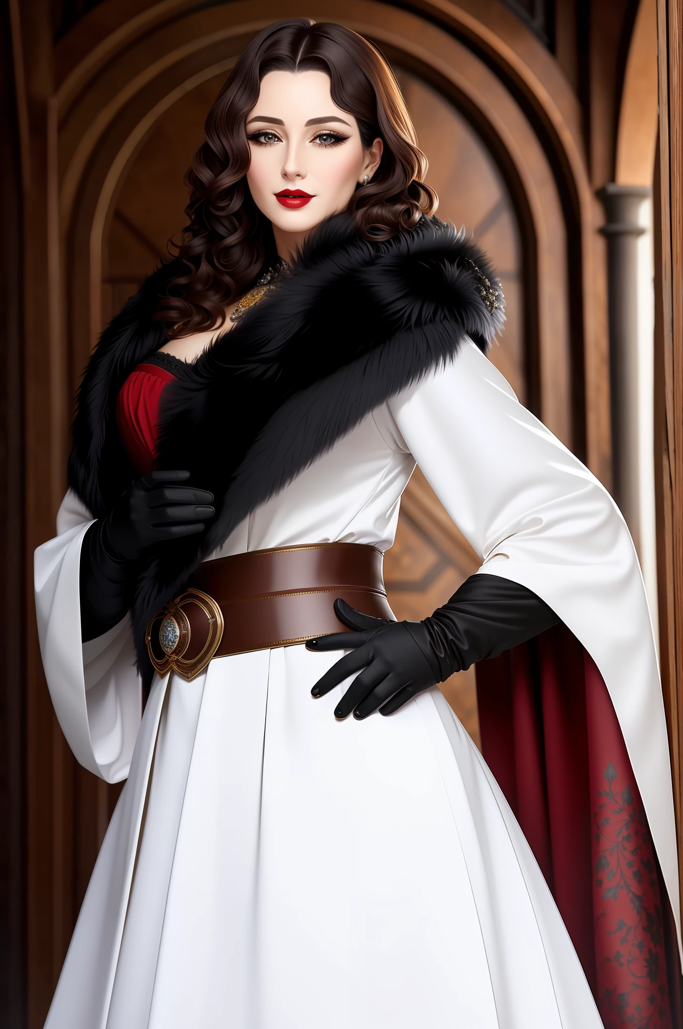 (Masterpiece: 1.2), (Best Quality: 1.2), Perfect Eyes, Perfect Face, Volume Lighting, 1 Woman, (Svetlana Ivanova· Face), Medieval Style, 35 years old, (mature and charming, coquettish,, young woman), female civil official, plump, tall, muscular, long curly, black hair, blue eyes, white robe, (black fur shawl), gloves, belt, skirt, playful expression, makeup, lipstick, eye shadow, mascara, thick eyelashes, Dark fantasy, winter white palace, detailed background, hands on hips. Overall red and white tones