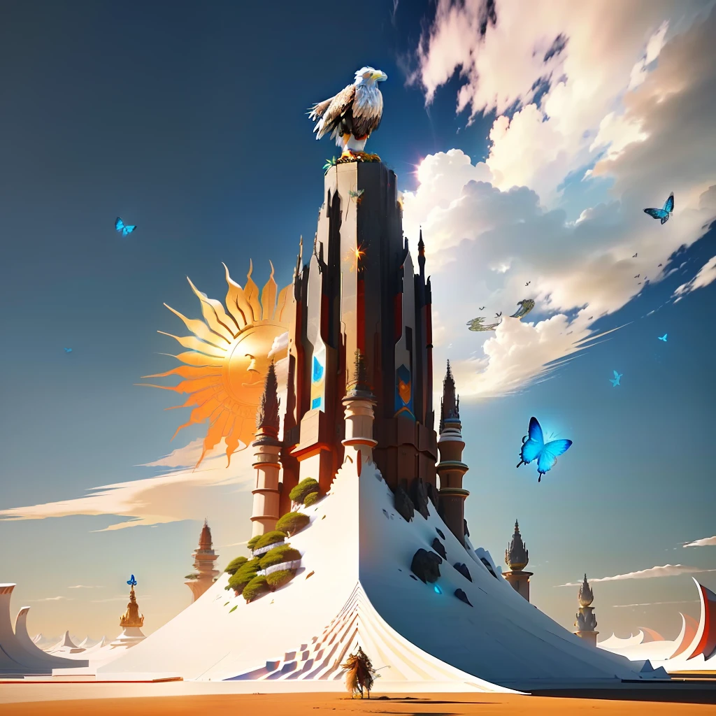 a futuristic three stars and a sun style ant hill with three shiny colors white, blue and red,at its height there is a large eagle perched, around there are beautiful plants and butterflies, with some visual effects,fantasy, ambiance hd, HDR, 4k upscale, v--4.