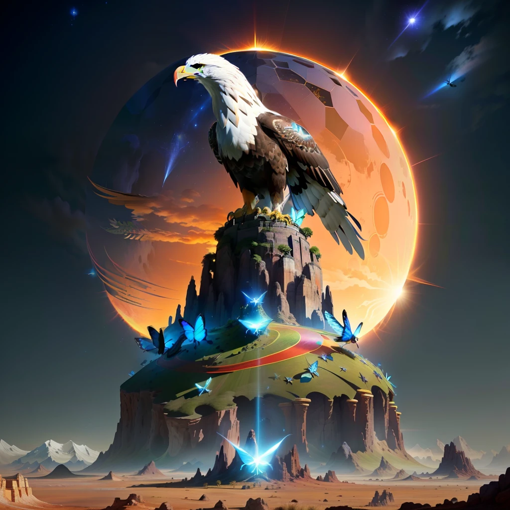 a futuristic three stars and a sun style ant hill with three shiny colors white, blue and red,at its height there is a large eagle perched, around there are beautiful plants and butterflies, with some visual effects,fantasy, ambiance hd, HDR, 4k upscale, v--4.