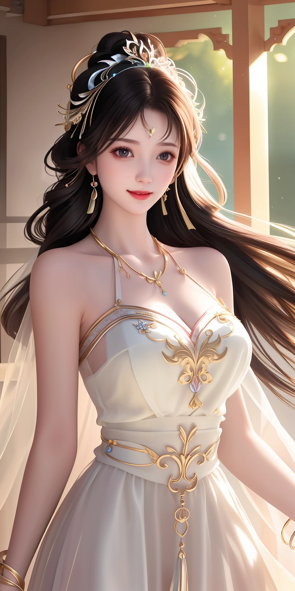 Best quality, masterpiece, high resolution, 1girl, clear silk porcelain dress, beautiful face, hair accessories, looking at the audience, smiling, close your mouth, lips, dress, hair accessories, necklaces, jewelry, long hair, earrings, beautiful face, on the body, Tindal effect, realism, dark studio, edge lighting, two-tone lighting, (high detail skin: 1.2), 8k UHD, DSLR, soft light, high quality, volumetric lighting, photo, high resolution 4K, 8k, blurred background