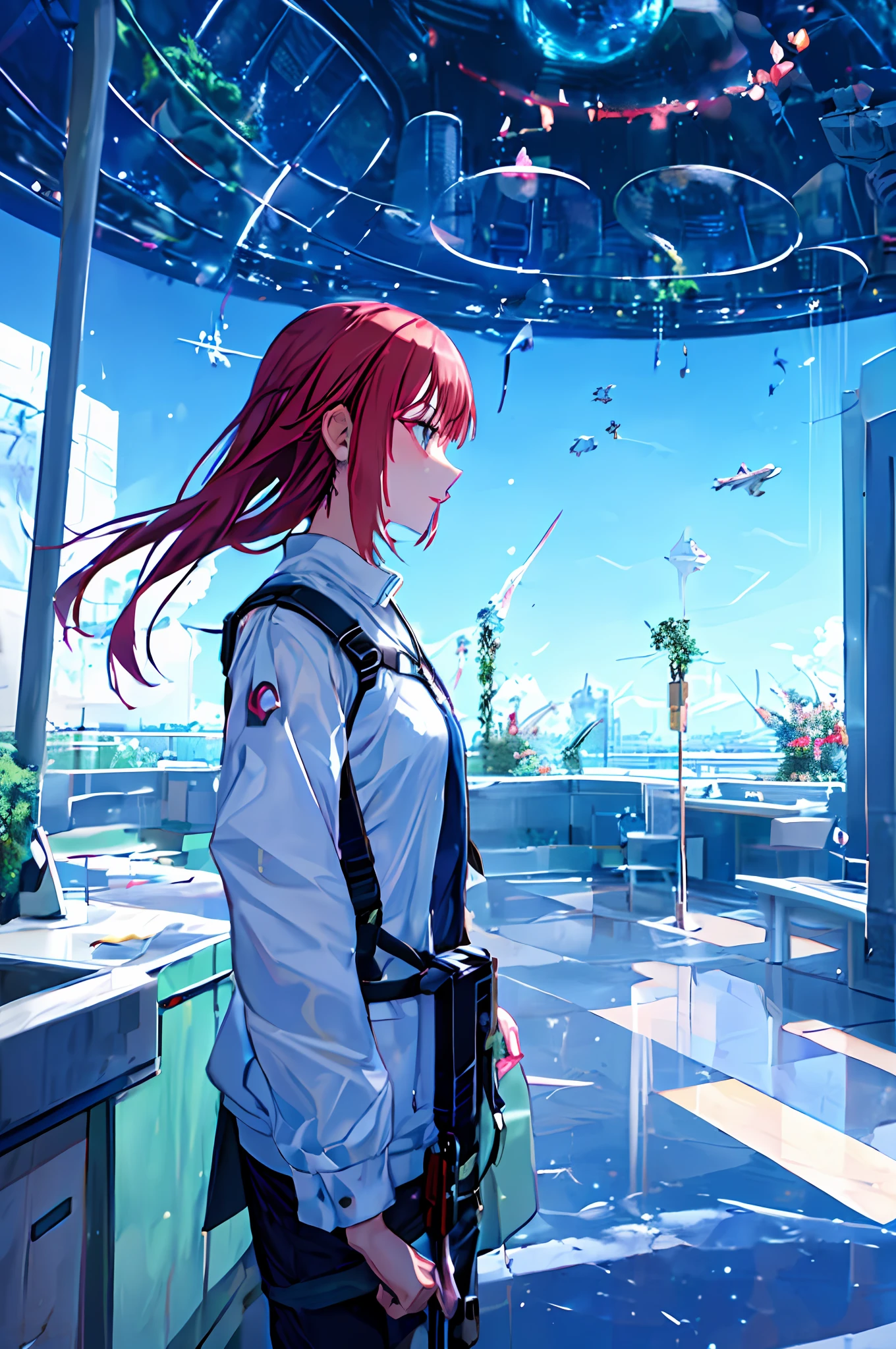 best quality, masterpiece, extremely detailed, detailed background, anime, 1girl, young girl, short girl, sci-fi, science fiction, outdoors, night, starry sky, greenhouse, megastructure, bio-dome, landscape, scenery, horizon, rooftop, sitting on rooftop, wind, looking away, atmospheric lighting, solo focus, close up, from side, depth of field, bokeh