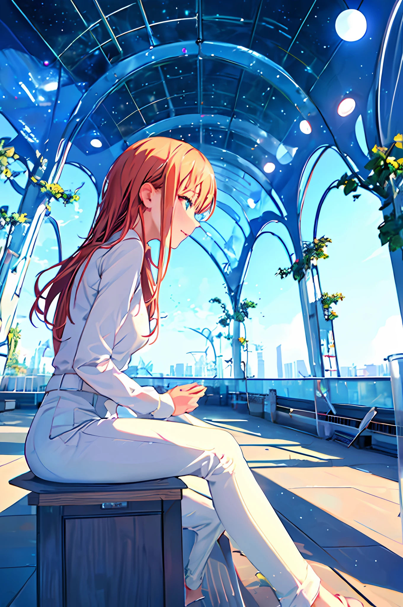 best quality, masterpiece, extremely detailed, detailed background, anime, 1girl, young girl, short girl, sci-fi, science fiction, outdoors, night, starry sky, greenhouse, megastructure, bio-dome, landscape, scenery, horizon, rooftop, sitting on rooftop, wind, looking away, atmospheric lighting, solo focus, close up, from side, depth of field, bokeh