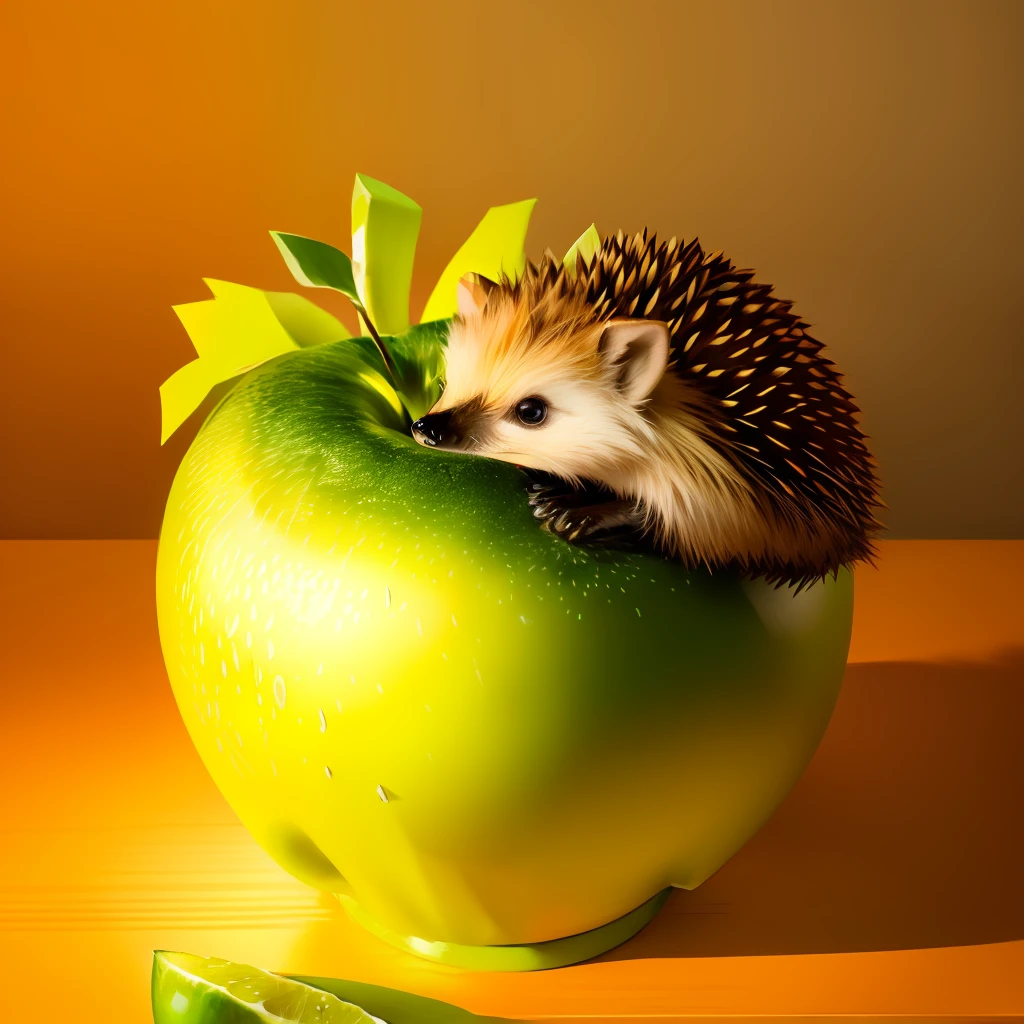 green apple with warm and hedgehog