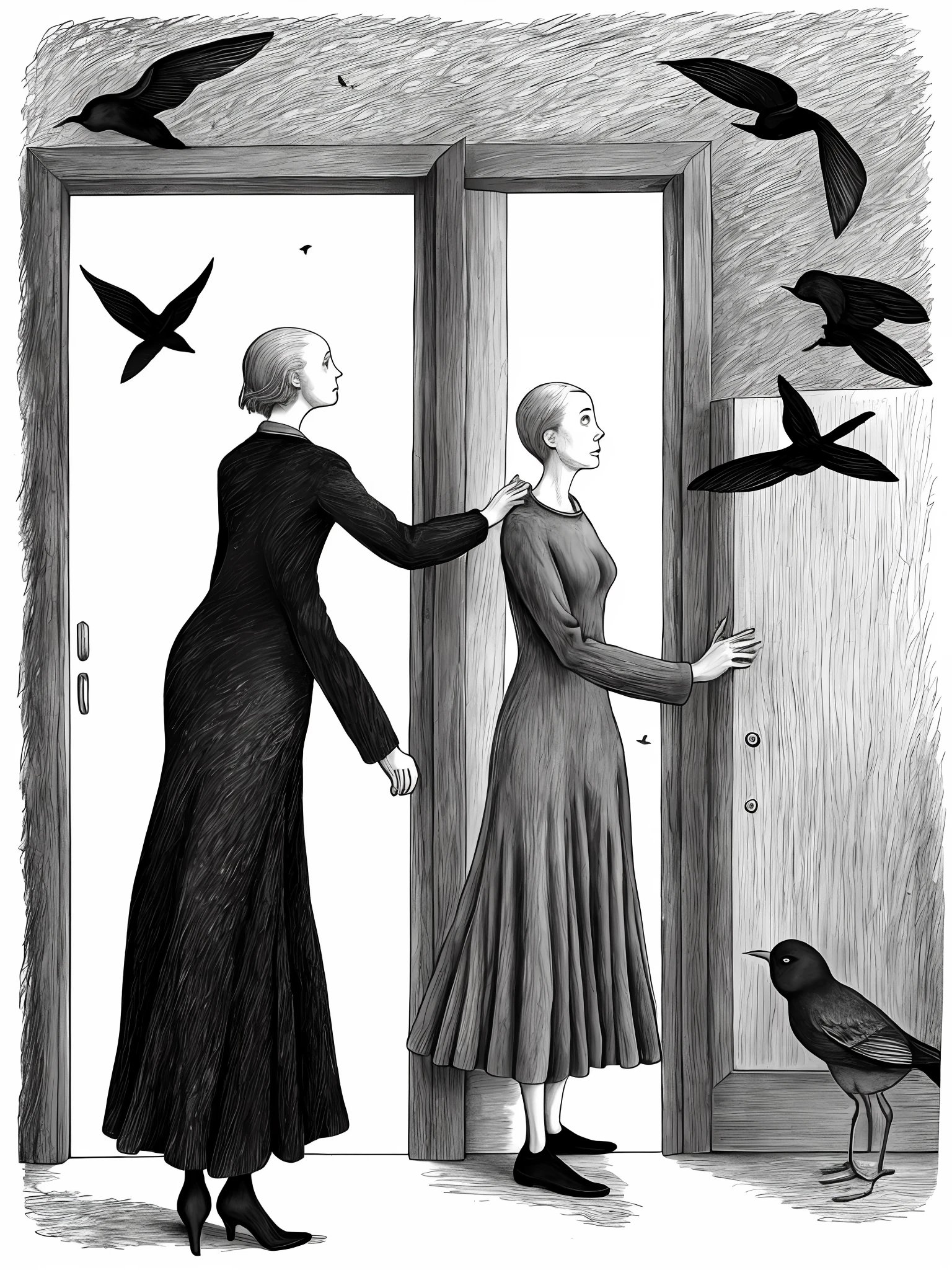 a drawing of a woman standing in front of a door with birds flying around her by Edward Gorey