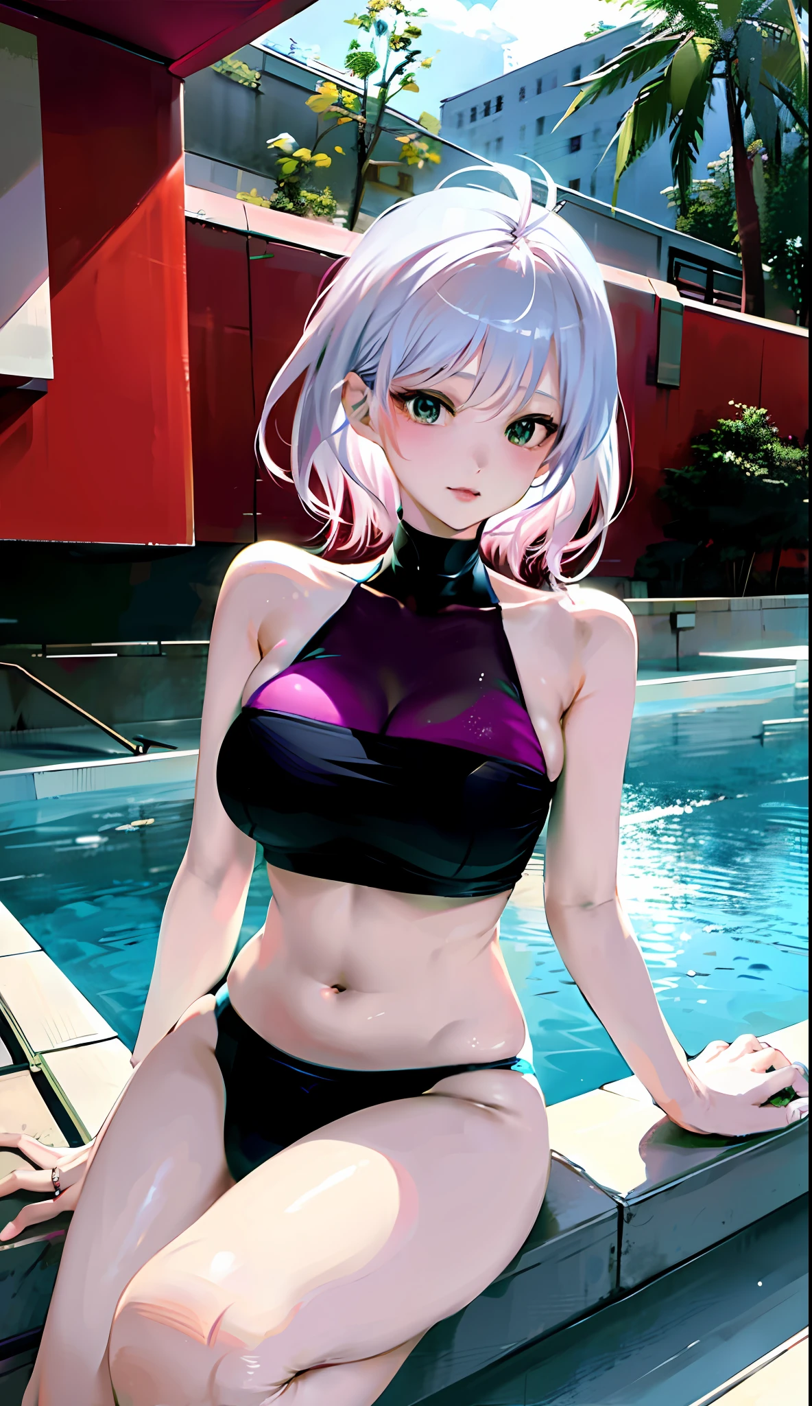 korean woman, short hair, realistic, sexy body, beautiful waist, perfect anatomy, desirable, beauty, glossy face, wife, cute, aunt in her 30s, member of parliament, latex swimsuit, swimming pool,