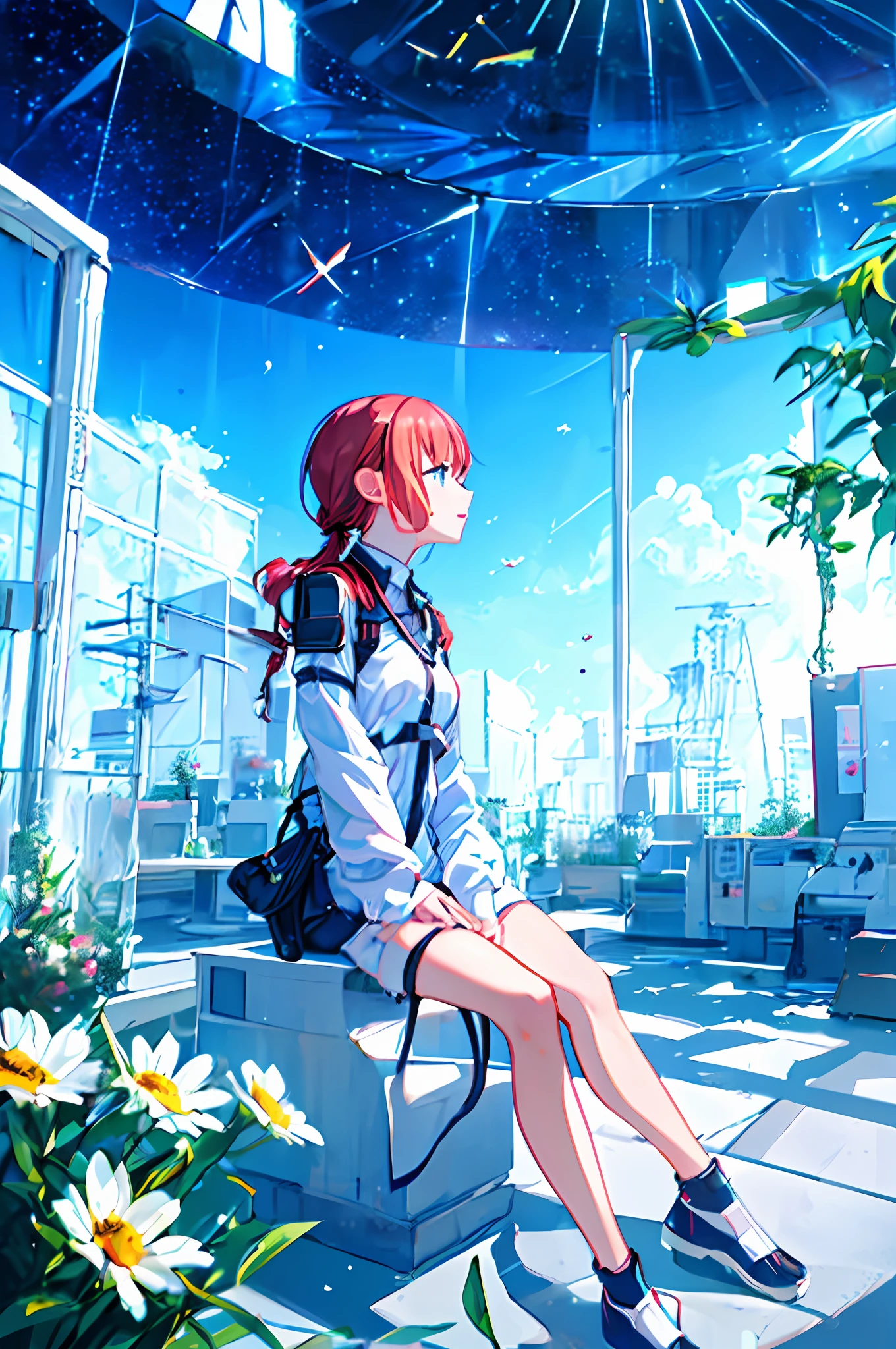 best quality, masterpiece, extremely detailed, detailed background, anime, 1girl, young girl, short girl, sci-fi, science fiction, outdoors, night, starry sky, greenhouse, megastructure, bio-dome, landscape, scenery, horizon, rooftop, sitting on rooftop, wind, looking away, atmospheric lighting, solo focus, close up, from side, depth of field, bokeh