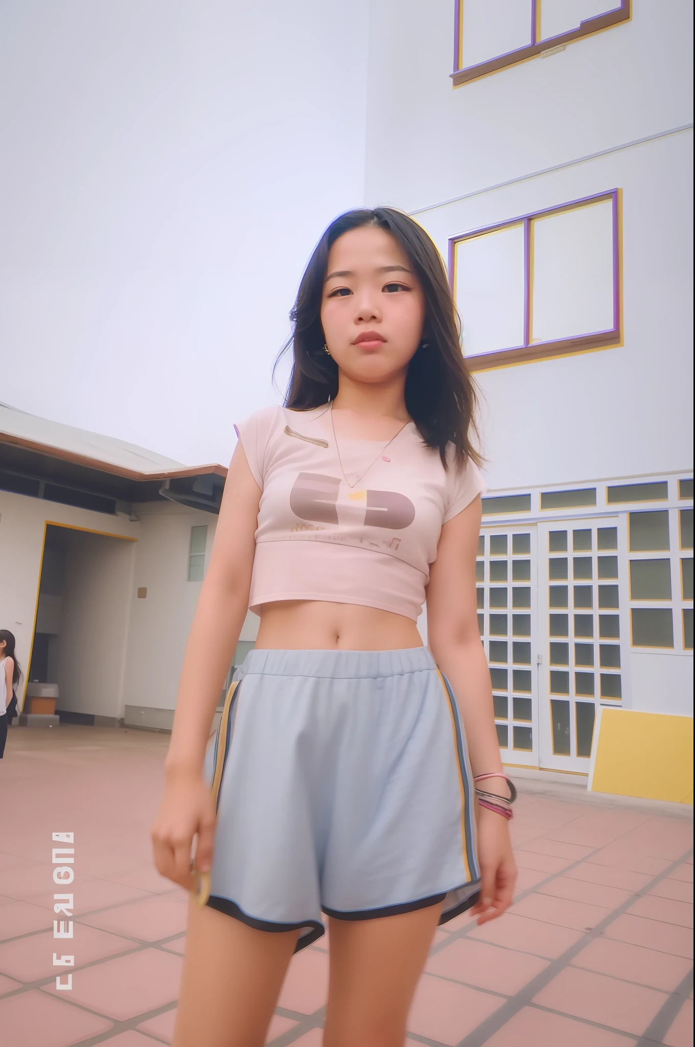 there is a young girl standing in front of a building, photographed in film, grainy low quality, still from a music video, 35mm of a very cute, young asian girl, low quality photograph, she is wearing streetwear, low quality grainy, lo fi, grainy low quality photograph, lofi girl, photographed on colour film
