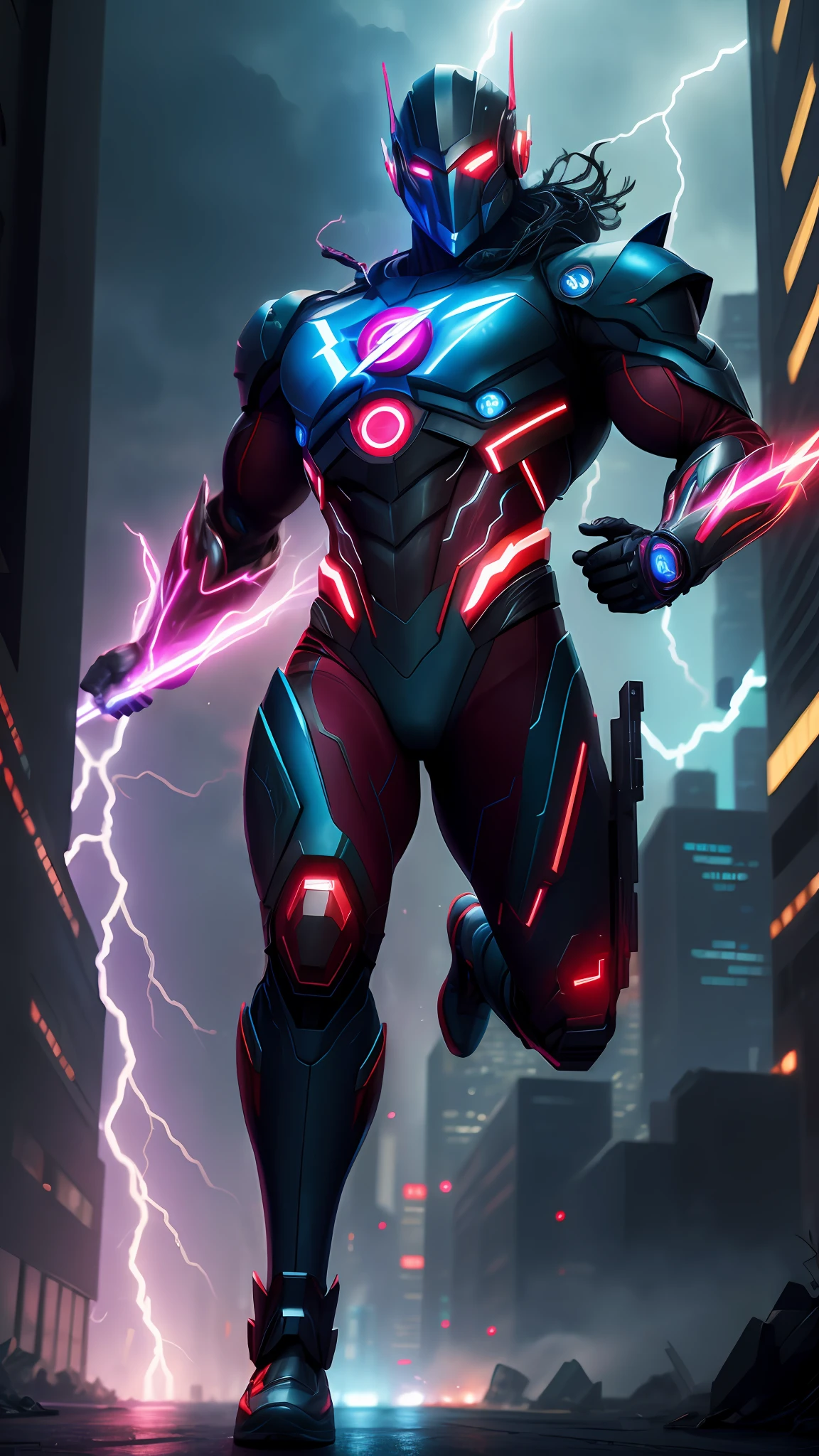 cyberpunk the flash , blue armor, invoked mask,glowing red eyes, bodybuilder, running, in the background a city, lightning in the sky, ultra details, ultra realistic, cinematic , octane render, 16k