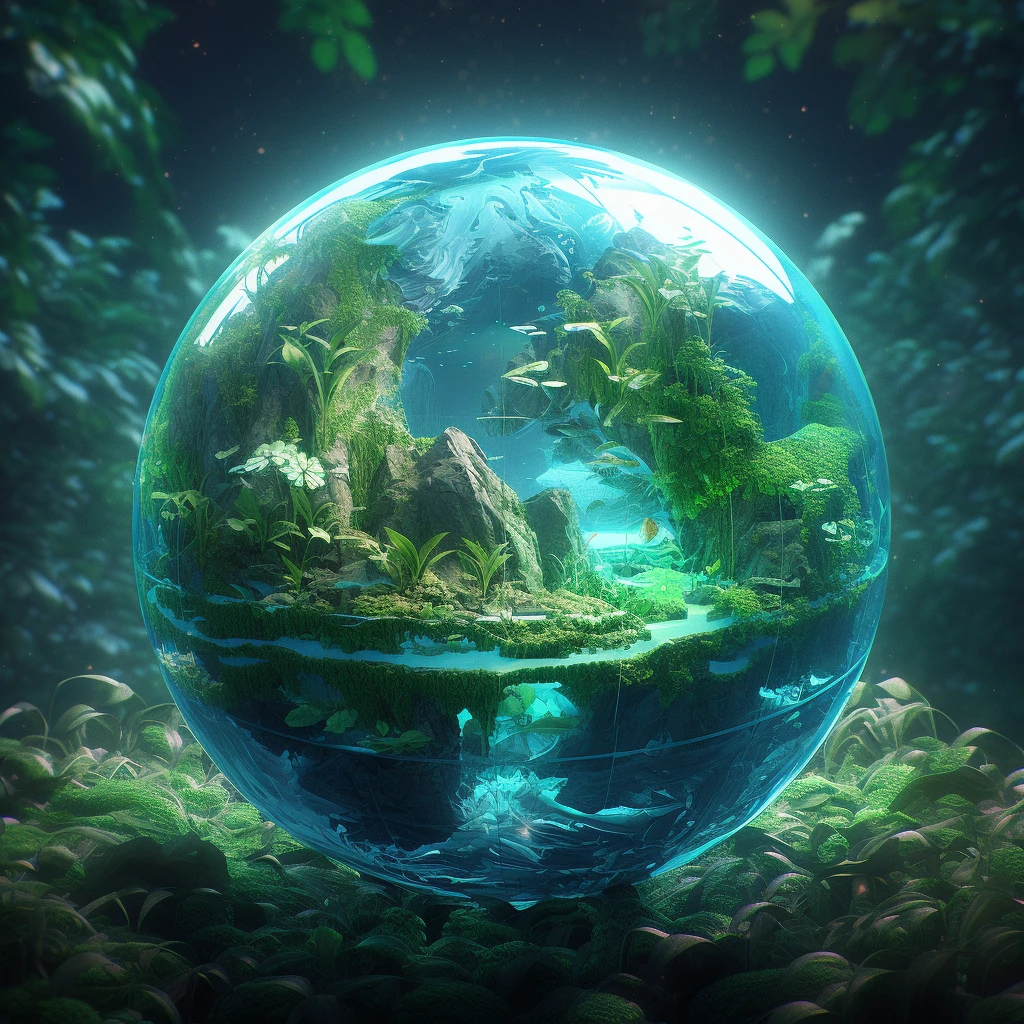 Earth Day poster, ((Spherical Earth, transparent plastic, optics, surreal, magic, fantasy, composition, bright, light fluorescence, ultra-detaile, trend in artstation, octane rendering,))), futuristic, masterpiece, Super detail, best quality