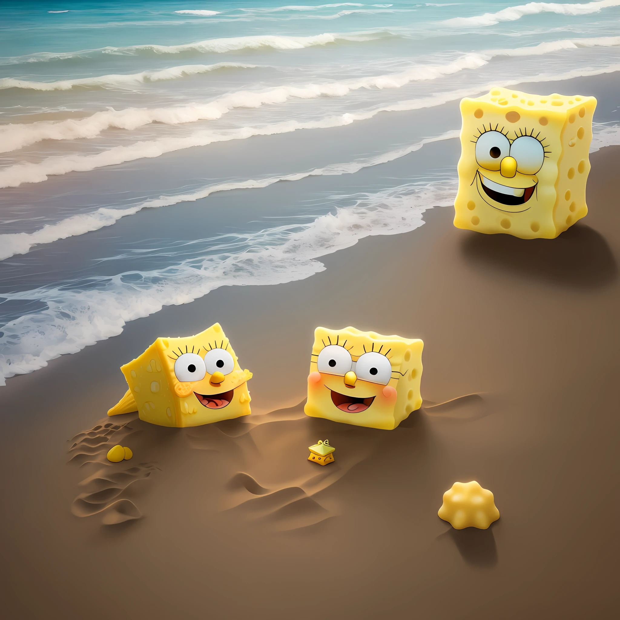 SpongeBob and Patrick play sand together on the beach