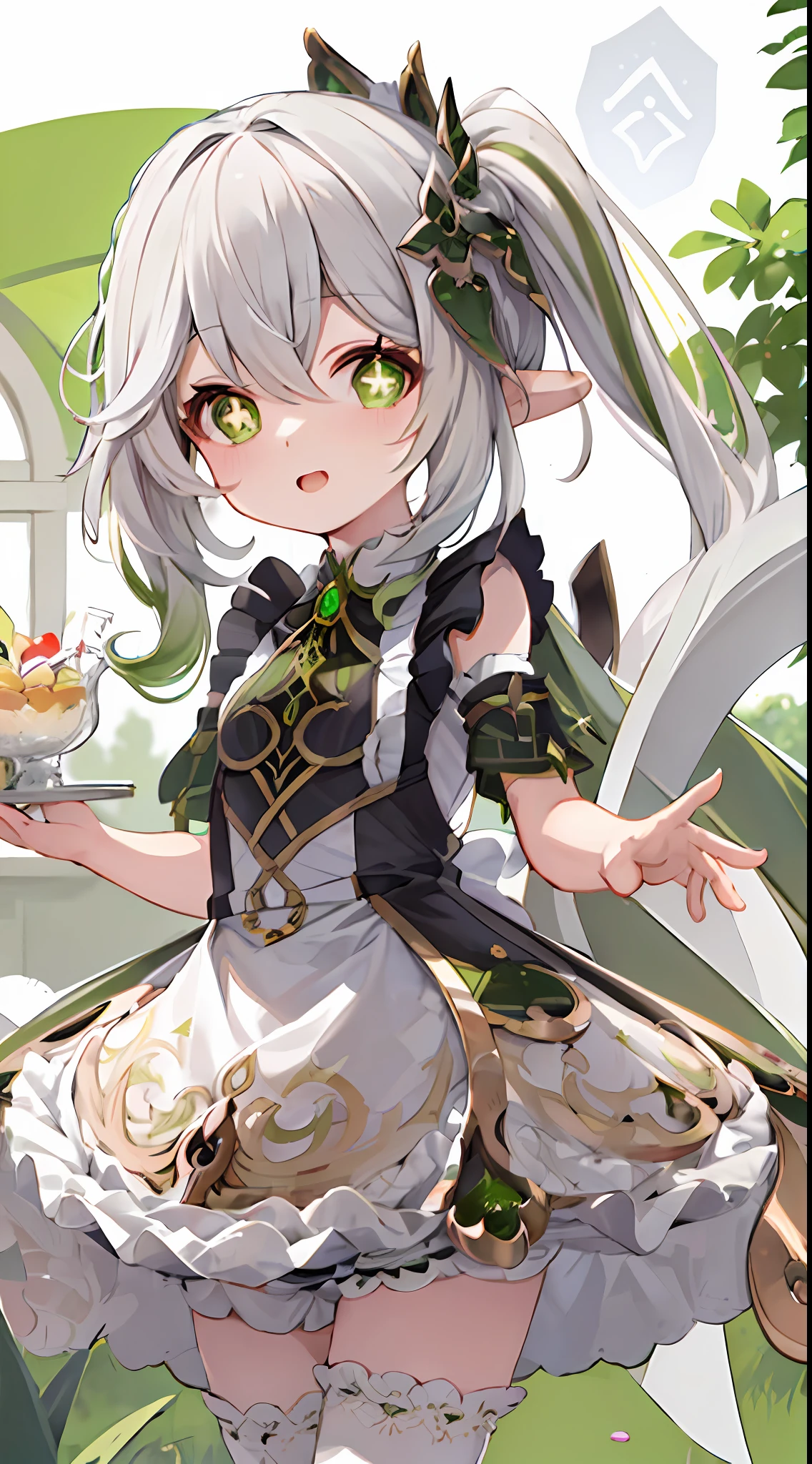 masterpiece, best quality, 1girl, solo, nahida_genshin, cross-shaped pupils, maid outfit, green cape, standing