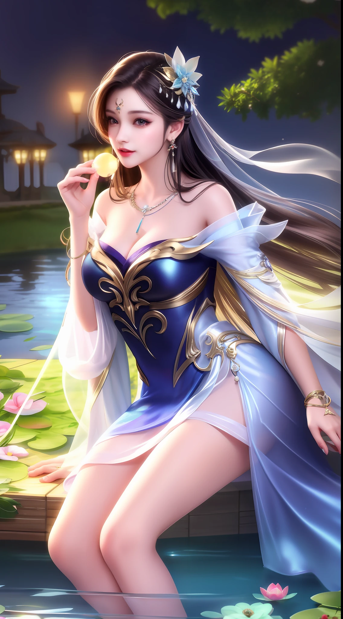 Best quality, masterpiece, high resolution, 1girl, transparent silk dress, beautiful face, hair accessories, sitting by the pond to wash your feet, one foot splashing, girl naughty smile, hair accessories, necklaces, jewelry, long hair, earrings, rounded feet, perfect toes, tyndall effect, realism, dark studio, edge lighting, two-tone lighting, (high detail skin: 1.2), 8k uhd, DSLR, soft light, high quality, volumetric lighting, voyeur, photo, high resolution, 4k, 8K, background bokeh