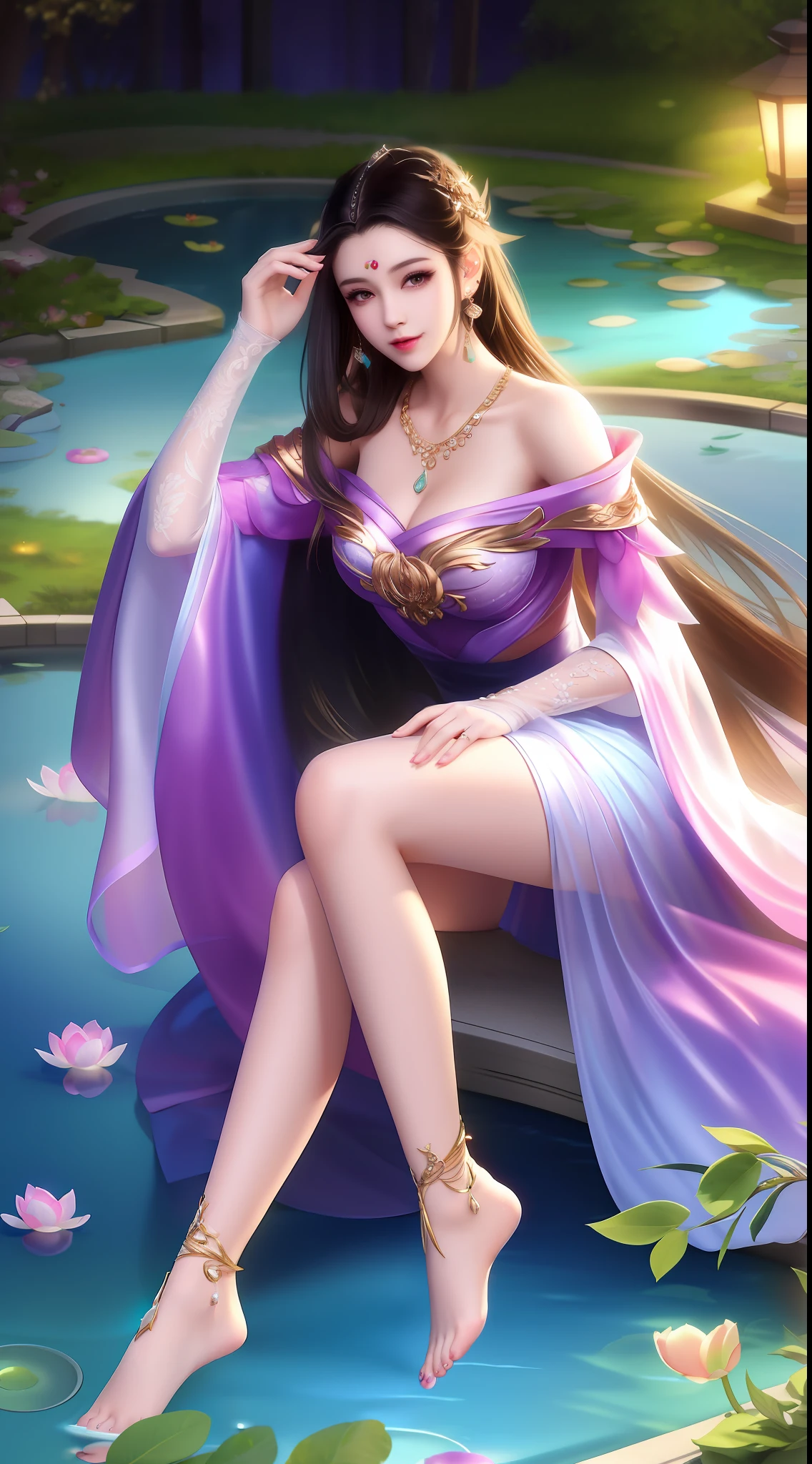Best quality, masterpiece, high resolution, 1girl, transparent silk dress, beautiful face, hair accessories, sitting by the pond to wash your feet, one foot splashing, girl naughty smile, hair accessories, necklaces, jewelry, long hair, earrings, rounded feet, perfect toes, tyndall effect, realism, dark studio, edge lighting, two-tone lighting, (high detail skin: 1.2), 8k uhd, DSLR, soft light, high quality, volumetric lighting, voyeur, photo, high resolution, 4k, 8K, background bokeh