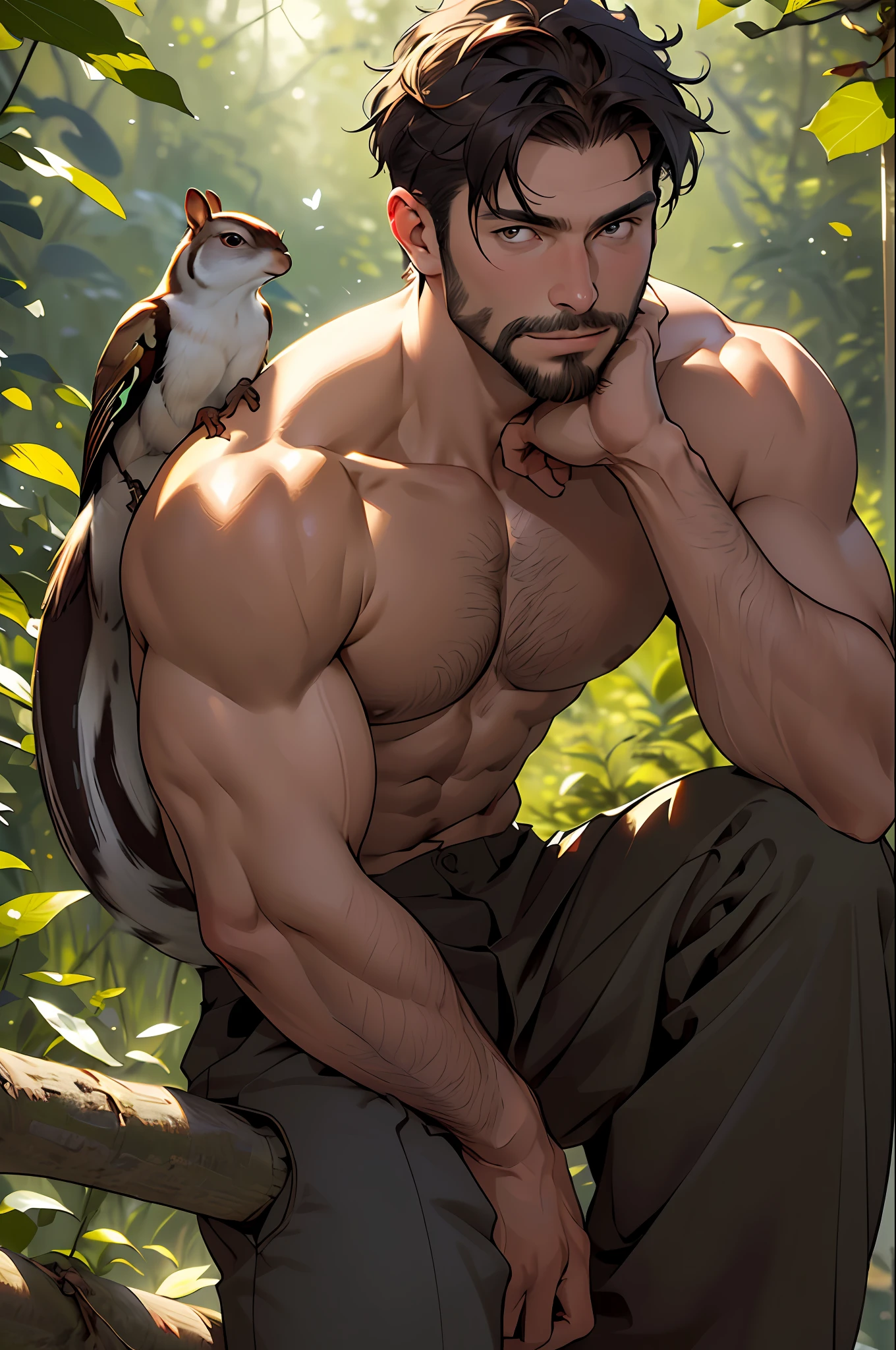 Best quality, masterpiece, expressionless,ultra high res,detailed background,realistic,1man,solo,male,muscular,mature male,short hair,facial hair,sitting,real shadow and light,depth of field,shirtless, watching butterflies, squirrel on head, bird on shoulder