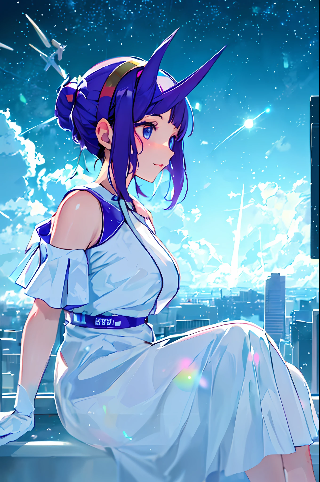 best quality, masterpiece, extremely detailed, detailed background, anime, 1girl, young girl, short girl, sci-fi, science fiction, outdoors, night, starry sky, greenhouse, megastructure, bio-dome, landscape, scenery, horizon, rooftop, sitting on rooftop, wind, looking away, atmospheric lighting, solo focus, close up, from side, depth of field, bokeh