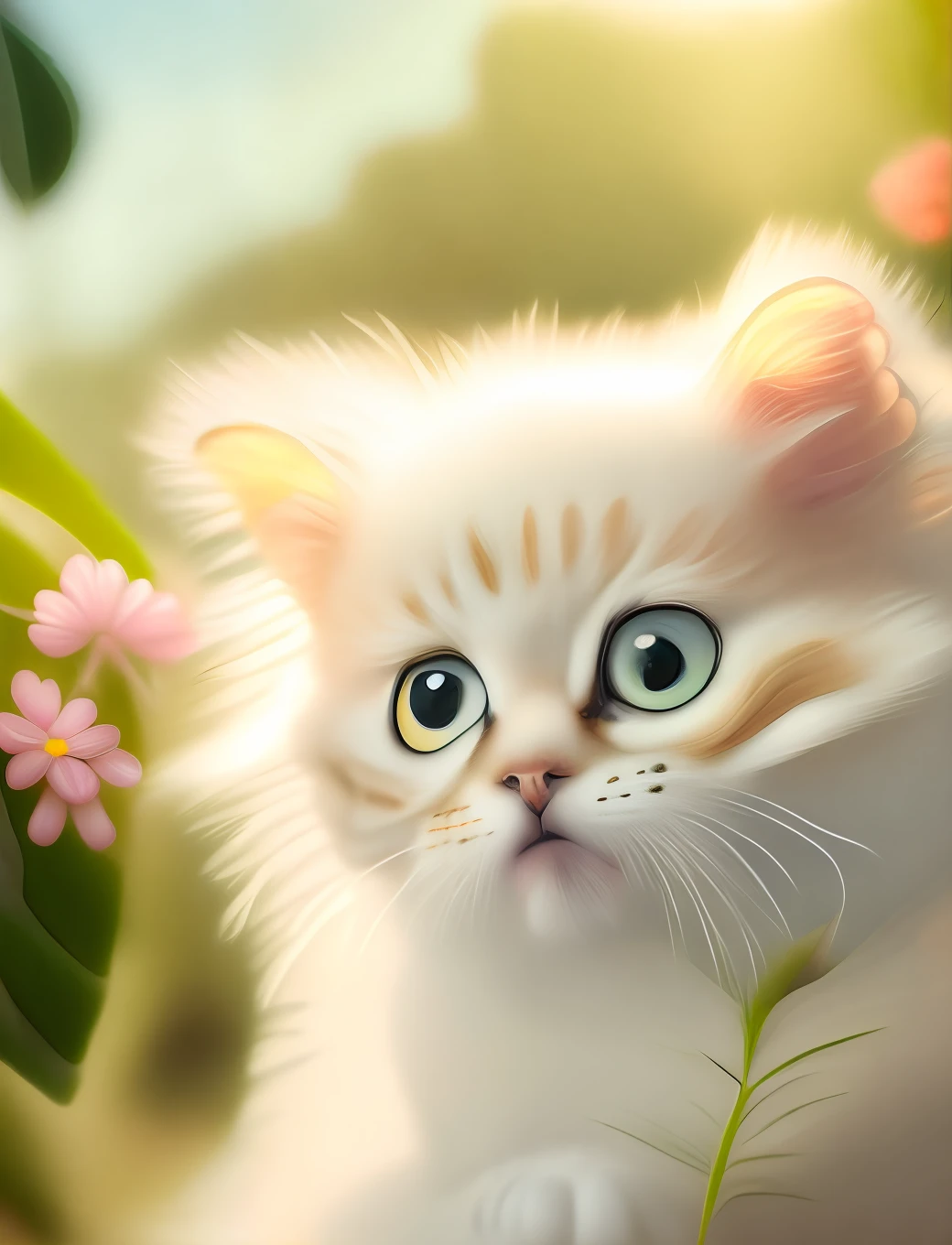 Very cute fluffy white tropical punk kitten, among flowers, big eyes, open mouth, smile, professional light, depth of field 8k, golden magic moment, professional photography, octane rendering, super realistic - amazing sunlight, dynamic composition, photography, sharp focus, bokeh