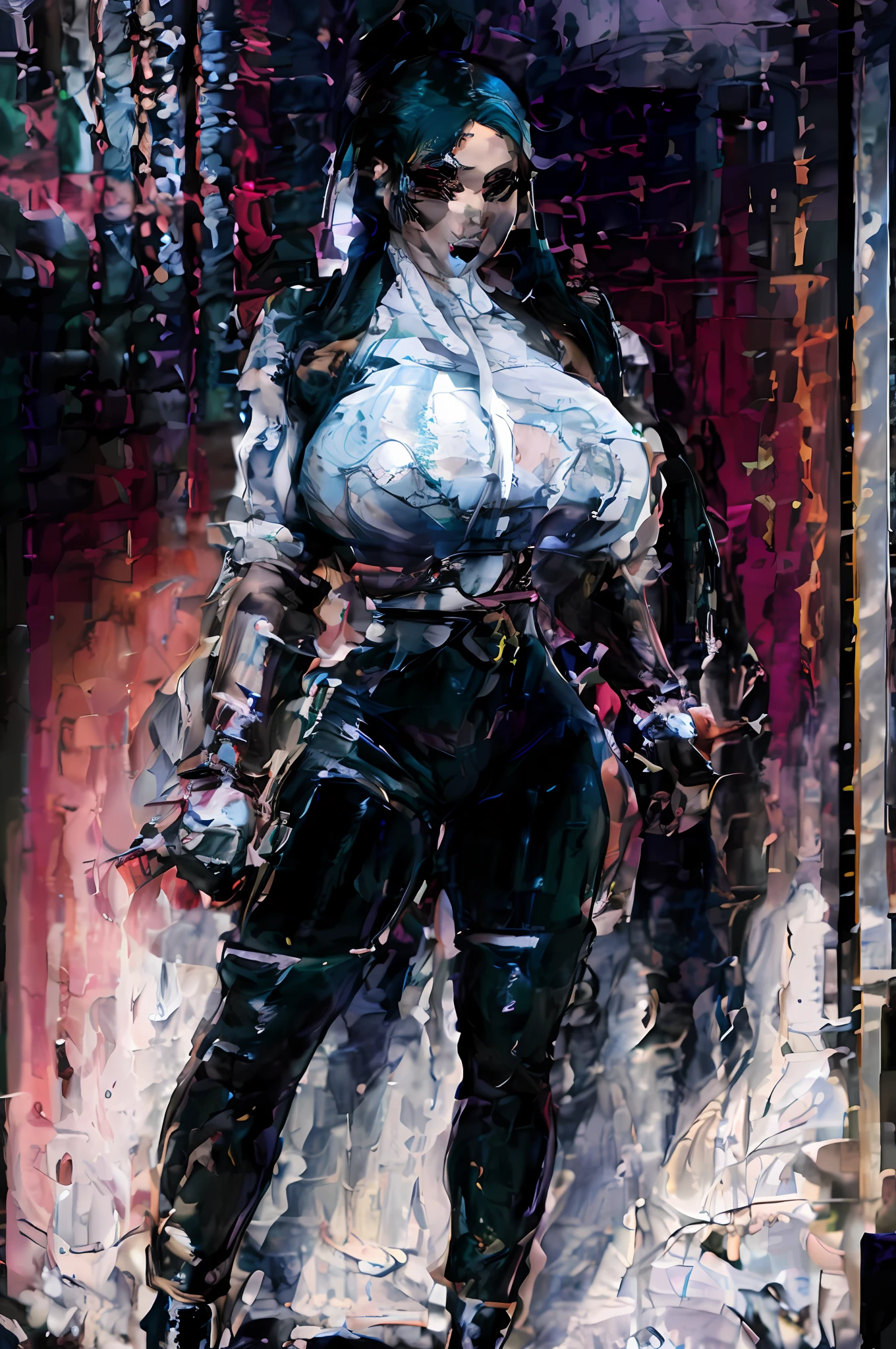 painting of a woman in a black and white outfit and boots, digital art. @mariomaniacdude, glitchpunk girl, digital art but photo, cyberpunk angry gorgeous goddess, # 1 digital painting of all time, #1 digital painting of all time, glitched, cyberpunk femme fatale, cyberpunk))))), digital art picture, digital art hi,