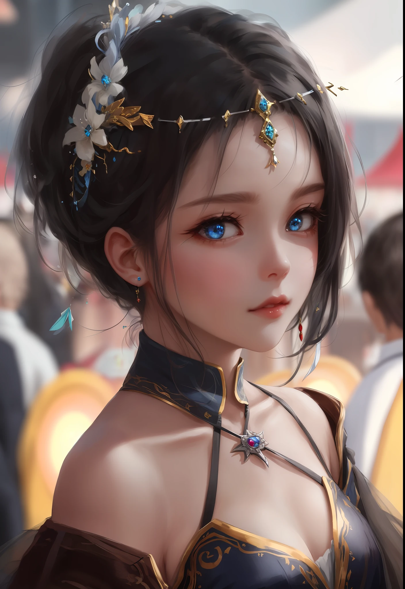 wlop, beautiful girl, jewelry, hair ornament, cute face, blue eyes, fancy clothing, festival