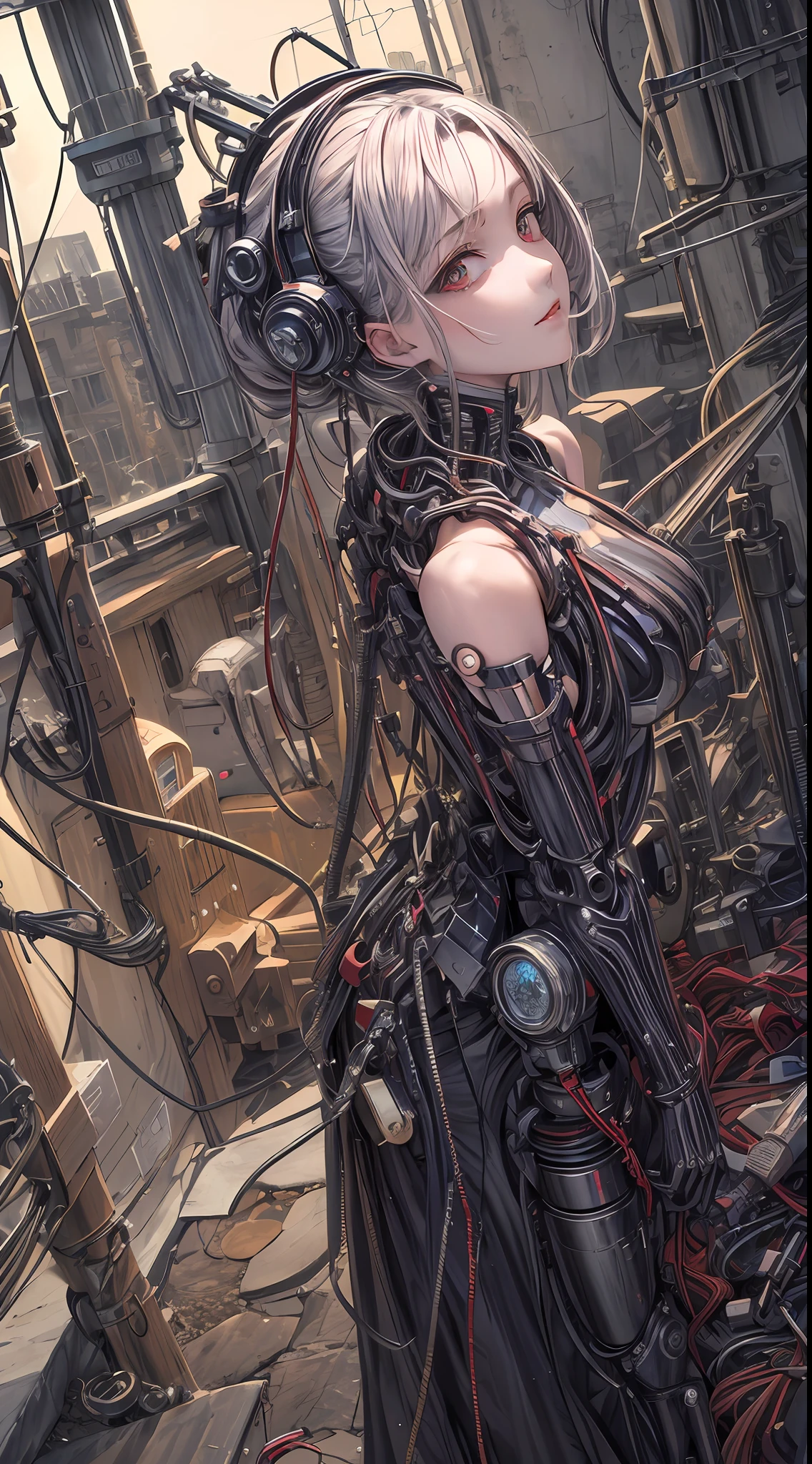 (((masterpiece))), ((best quality)), (ultra-detailed), (CG illustration), (an extremely devious and beautiful)), cinematic light, ((1 mechanical girl)), single, (machine-made joints: 1.4), ((mechanical limbs)), ( blood vessels attached to the tube), ((mechanical spine attached to the back)), ((mechanical cervical vertebrae attached to the neck), ((back to the viewer)), expressionless, (wires and cables attached to the head and body: 1.5), science fiction, apocalypse, ruins