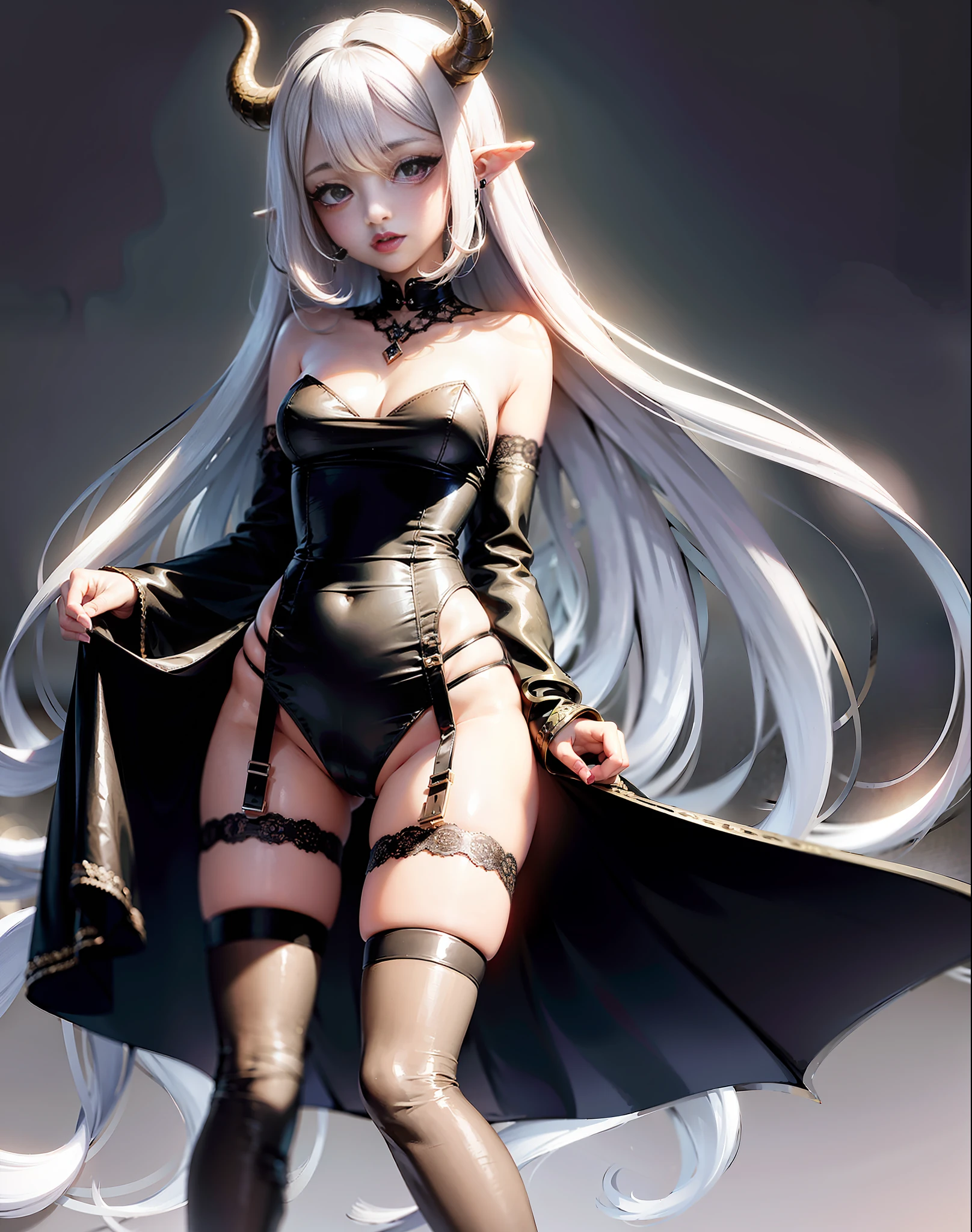 best quality, masterpiece, illustration, an extremely delicate and beautiful, extremely detailed ,CG ,unity ,8k wallpaper, Amazing, finely detail, masterpiece,best quality,official art, extremely detailed CG unity 8k wallpaper, absurdres, incredibly absurdres, huge filesize, ultra-detailed, highres, extremely detailed, beautiful detailed girl, extremely detailed eyes and face, beautiful detailed eyes, aegyo sal, light on face, cute, (FASHI-GIRL), (MAKEUP), 1girl, 18 years old, full body, (disheveled hair, white wavy hair:1.2), (long legs:1.4),detailed resort, 1girl, bangs, bare_shoulders, black_dress leather, black_legwear, detached_sleeves, dress, dutch_angle, eyebrows_visible_through_hair, garter_straps, long_hair, long_sleeves, looking_at_viewer, multicolored_hair, open_mouth, (horn black purple line shiny ), pointy_ears, silver_hair, sleeveless, sleeves_past_fingers, sleeves_past_wrists, small_breasts, solo, streaked_hair, thighhighs, very_long_hair, wide_sleeves, yellow_eyes,city, cityscape, night, city lights, building, portrait, dark background, shock ark,