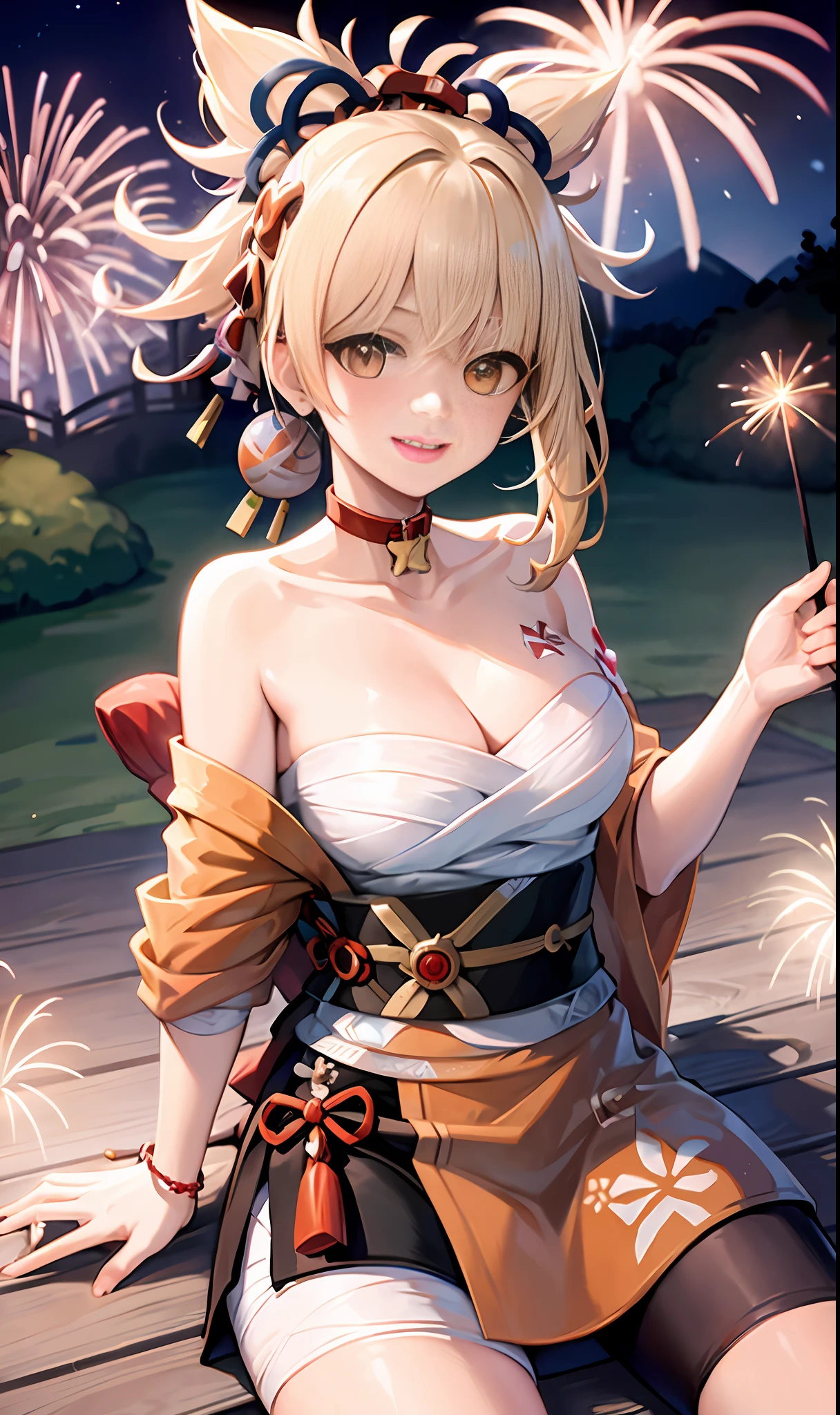 1girl,cowboy shot,sitting,chair,fireworks,evening,joy,origen,
