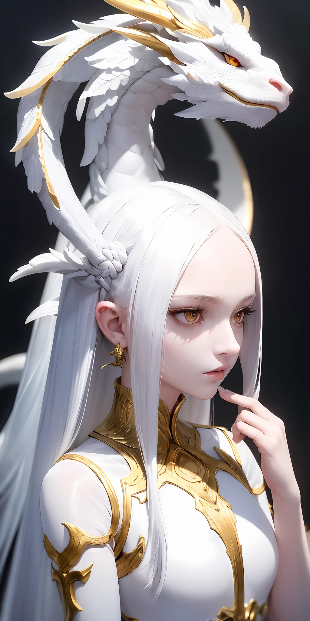 Excellent, masterpiece, white hair, golden eyes, white clothes, looking up, upper body, hair, fair skin, side braids, dragon girl, (aesthetic, pure beauty), (high-grade light, sharp contrast, strong deep shadow), (perfect, details in place),